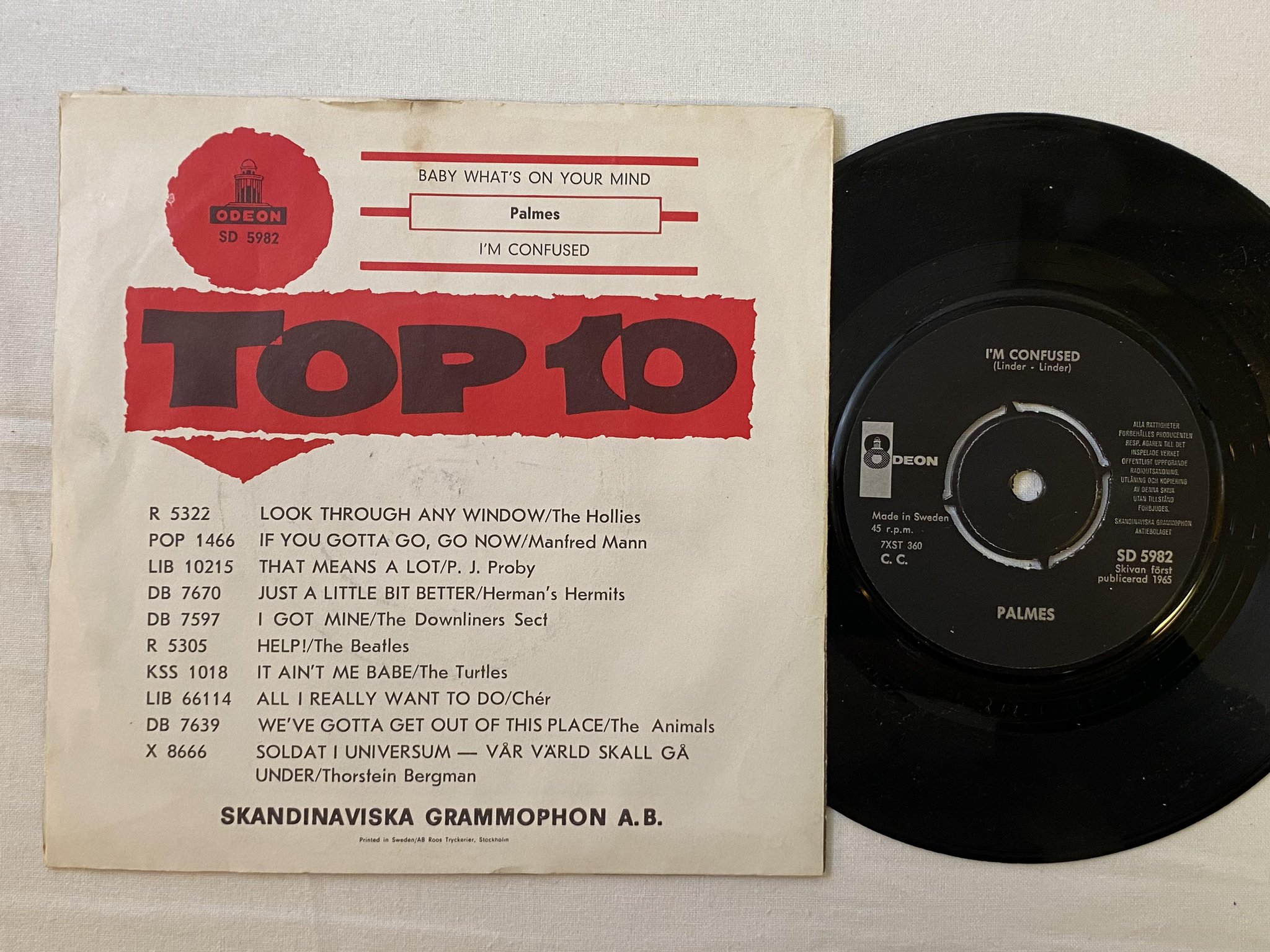 Omslagsbild för skivan PALMES Baby What's On Your Mind 7" -65 Swe ODEON SD 5982 ** RARE SWEDISH BEAT **