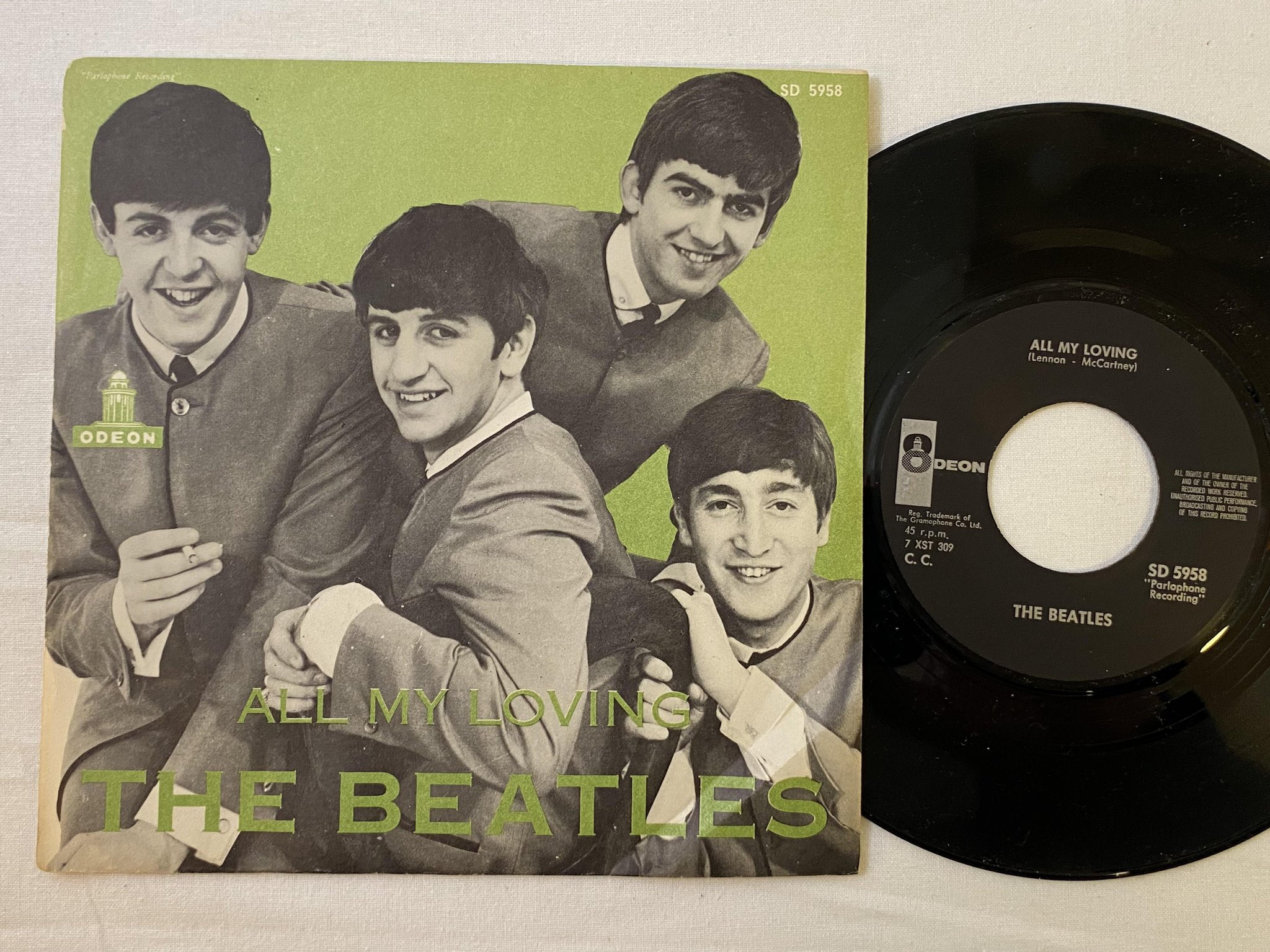 Omslagsbild för skivan THE BEATLES all my loving 7" -64 Swe ODEON SD 5958 *** large centre hole ***