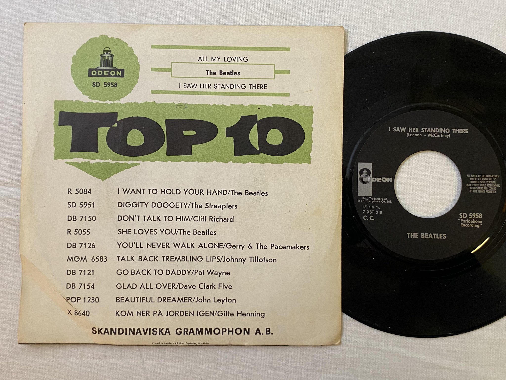 Omslagsbild för skivan THE BEATLES all my loving 7" -64 Swe ODEON SD 5958 *** large centre hole ***