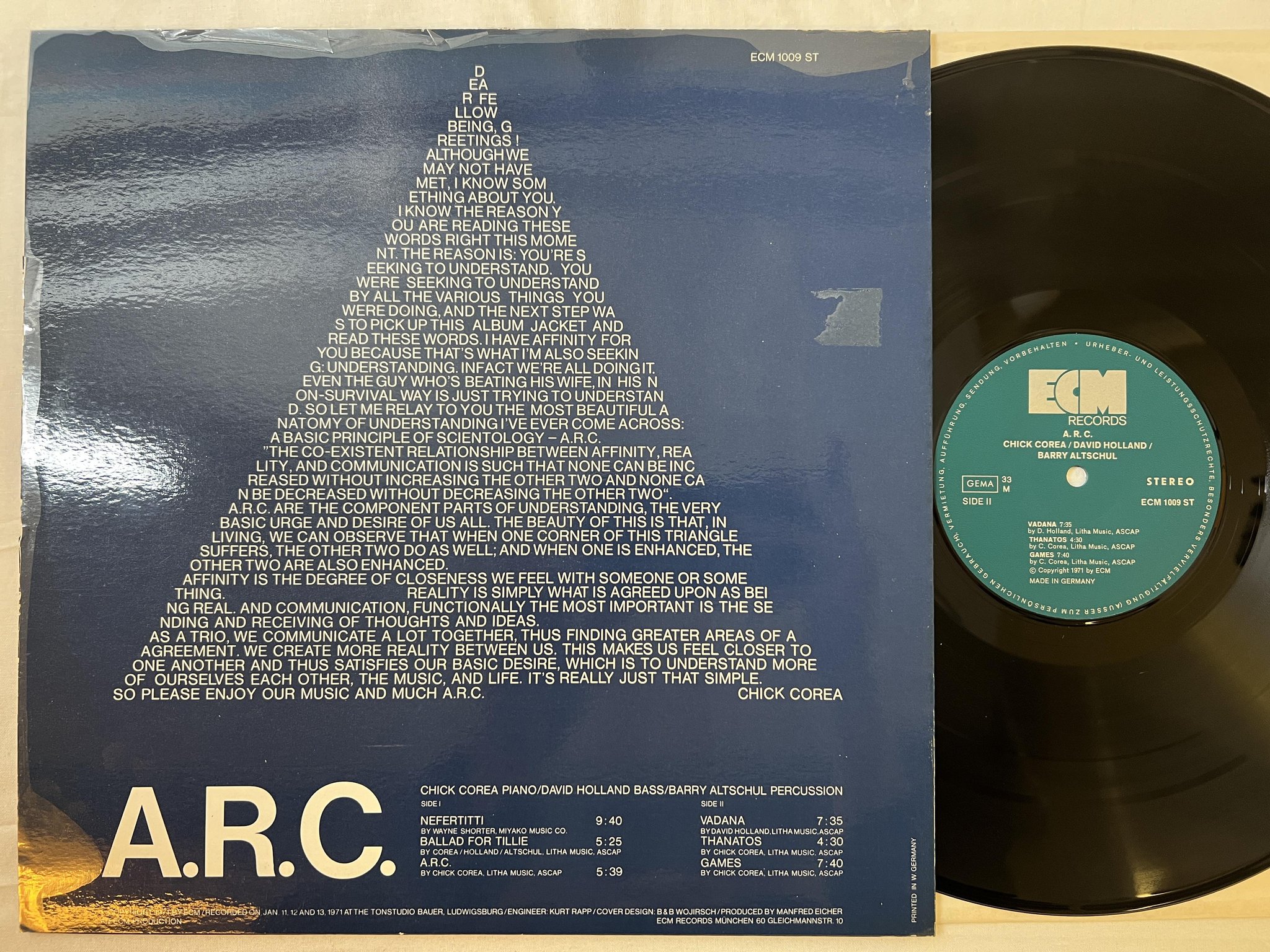 Omslagsbild för skivan Chick Corea / David Holland / Barry Altschul - A.R.C. LP Ger ECM ECM 1009 ST