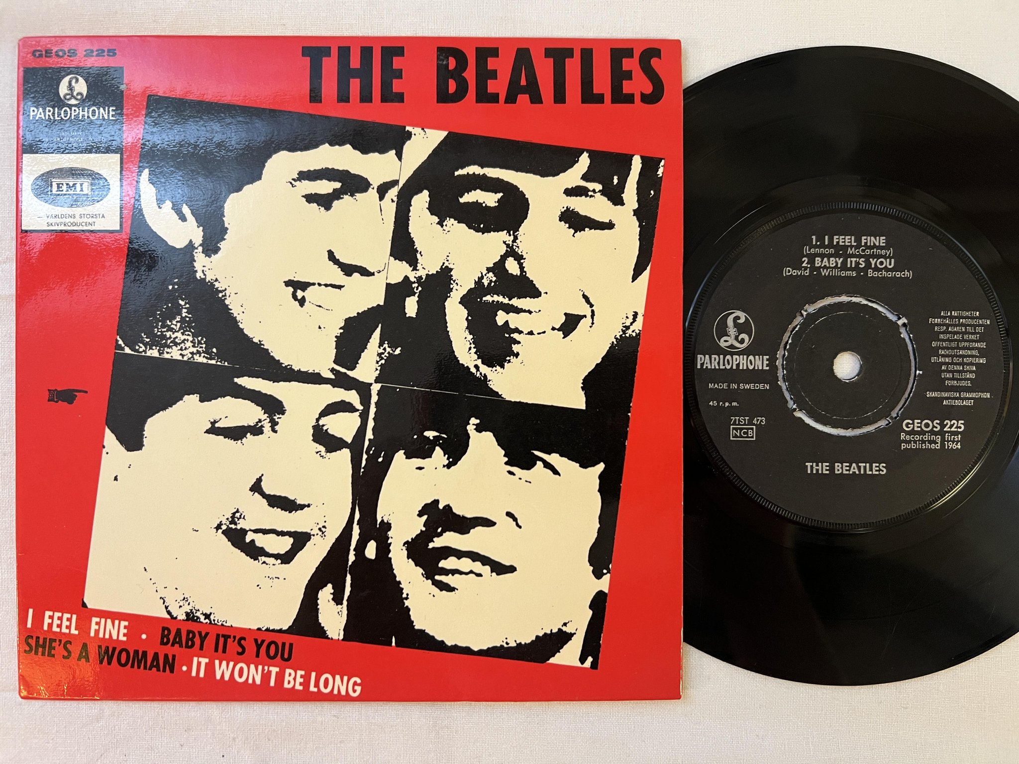 Omslagsbild för skivan THE BEATLES I feel fine 7"ep -64 Swe PARLOPHONE GEOS 225