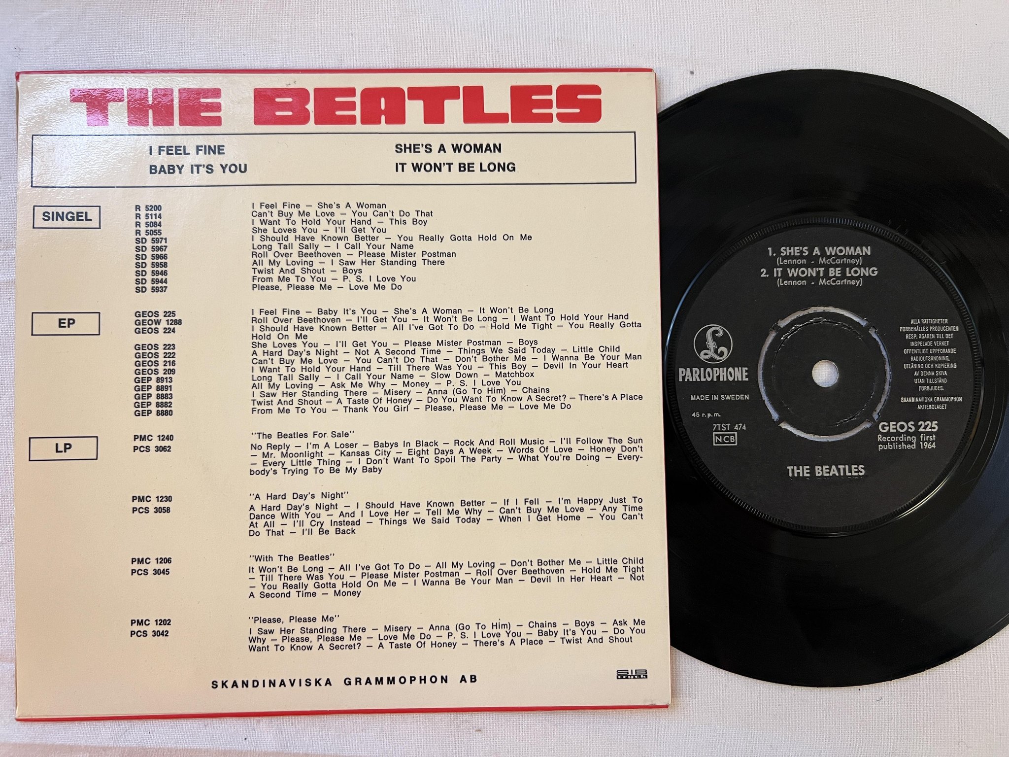 Omslagsbild för skivan THE BEATLES I feel fine 7"ep -64 Swe PARLOPHONE GEOS 225