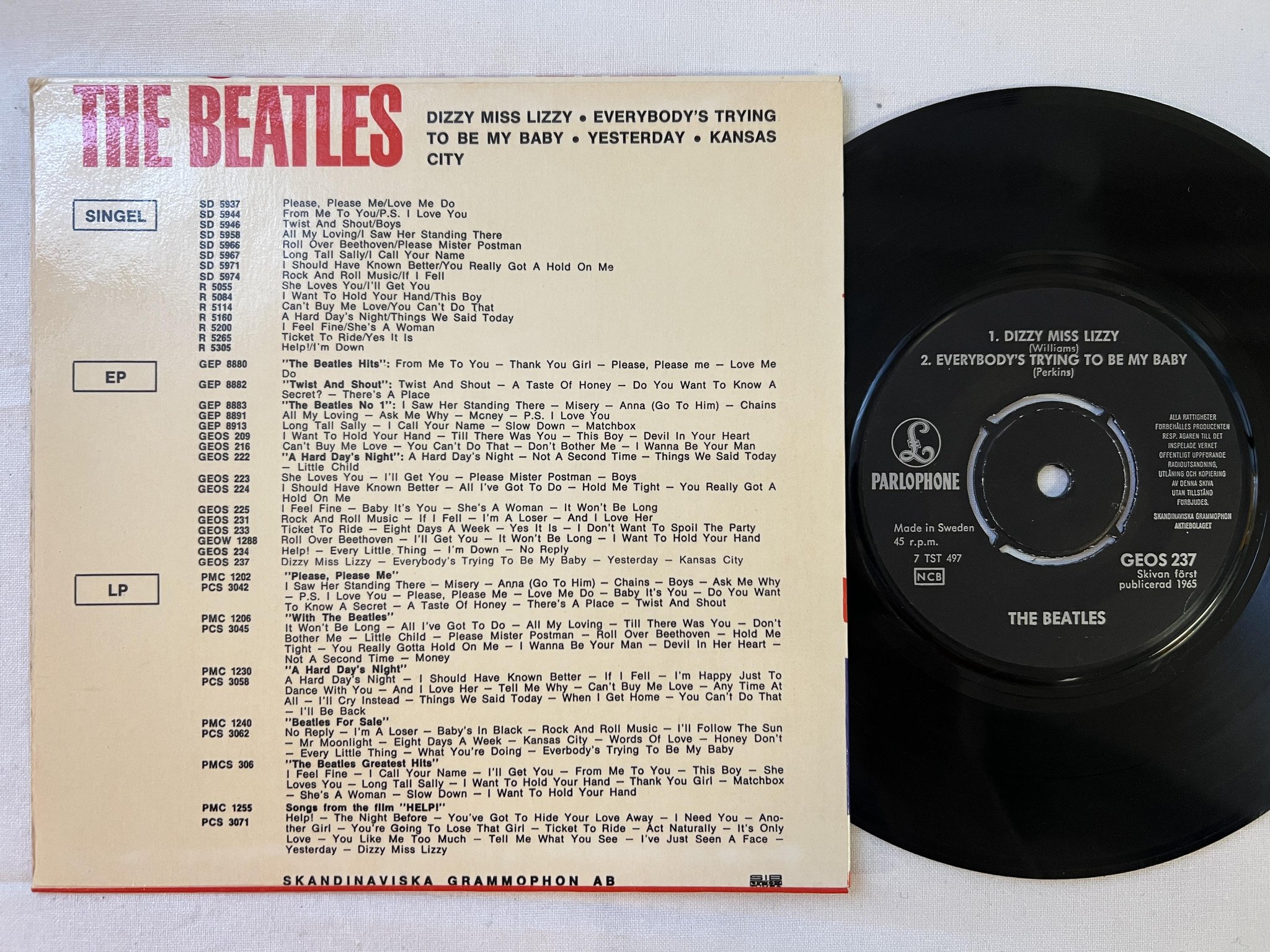 Omslagsbild för skivan THE BEATLES dizzy miss lizzy 7"ep -65 Swe PARLOPHONE GEOS 237