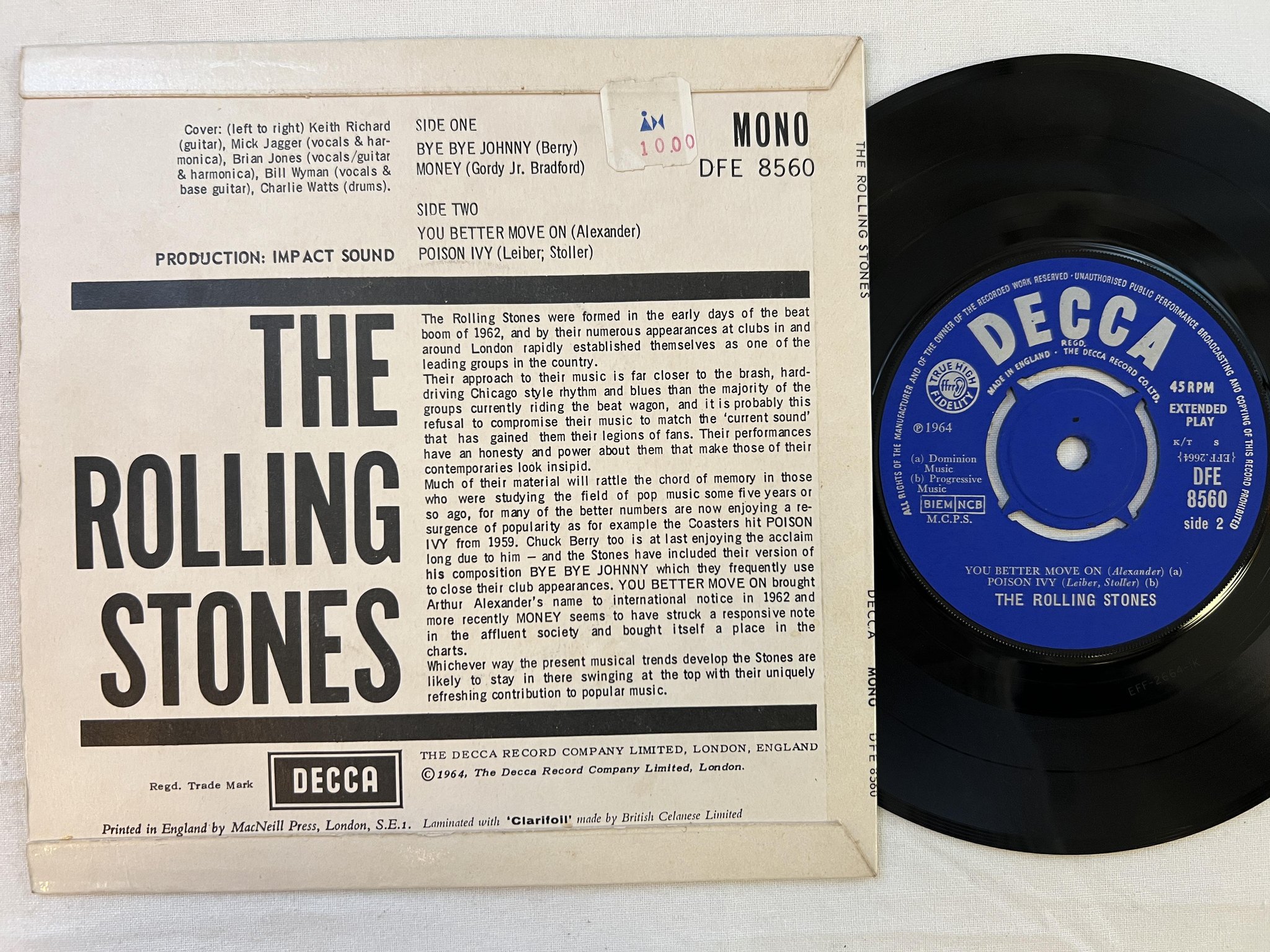 Omslagsbild för skivan ROLLING STONES bye bye Johnny 7" -64 UK mono DECCA DFE 8560