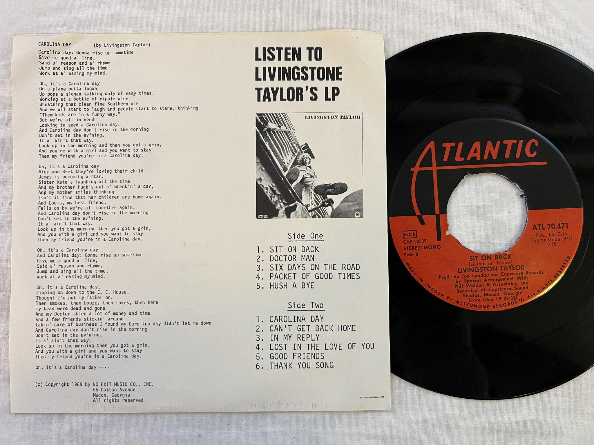 Omslagsbild för skivan LIVINGSTON TAYLOR Carolina Day 7" -71 Swe ATLANTIC ATL 70.471