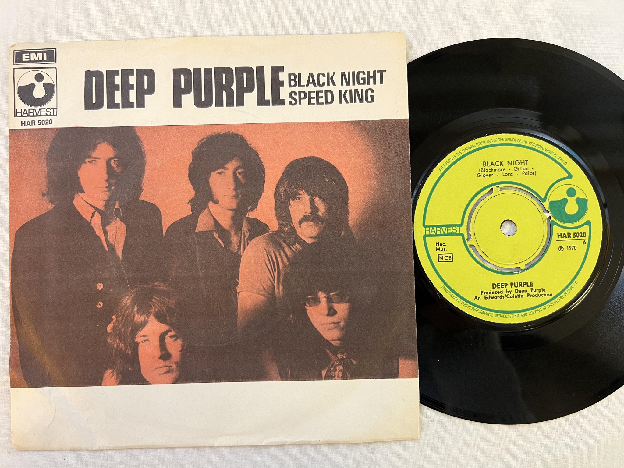 Omslagsbild för skivan DEEP PURPLE black night 7" -70 Swe HARVEST HAR 5020