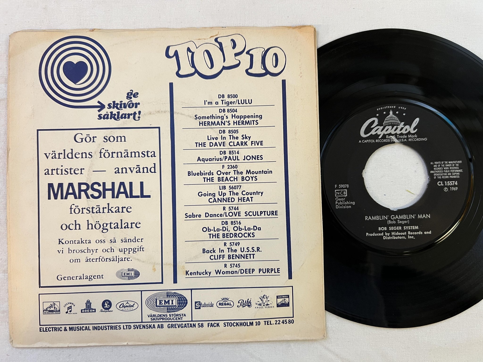 Omslagsbild för skivan BOB SEGER SYSTEM Ramblin' Gamblin' Man 7" -69 Swe CAPITOL CL 15574 ** RARE **