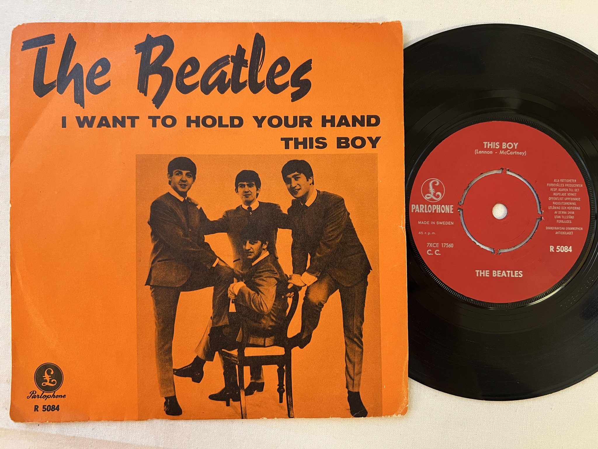 Omslagsbild för skivan THE BEATLES I Want To Hold Your Hand 7" -63 Swe PARLOPHONE R 5084
