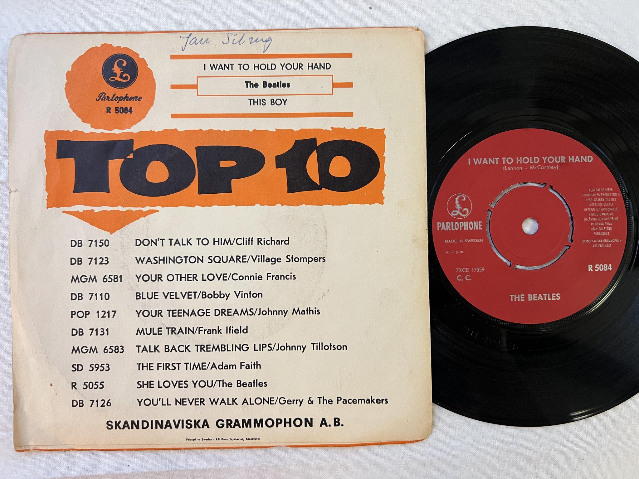 Omslagsbild för skivan THE BEATLES I Want To Hold Your Hand 7" -63 Swe PARLOPHONE R 5084