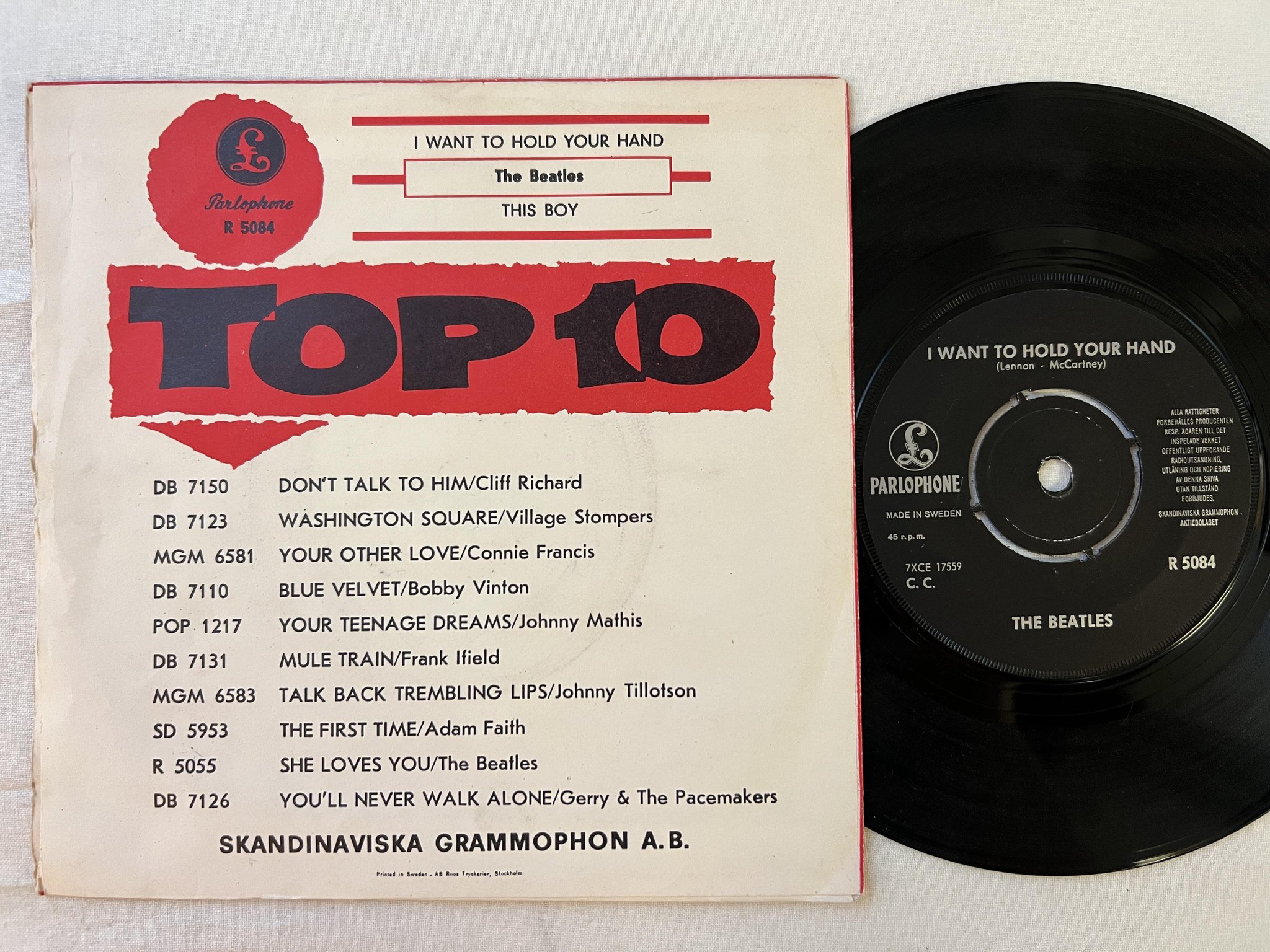 Omslagsbild för skivan THE BEATLES I want... 7" -63 Swe ** RED COVER** PARLOPHONE R 5084