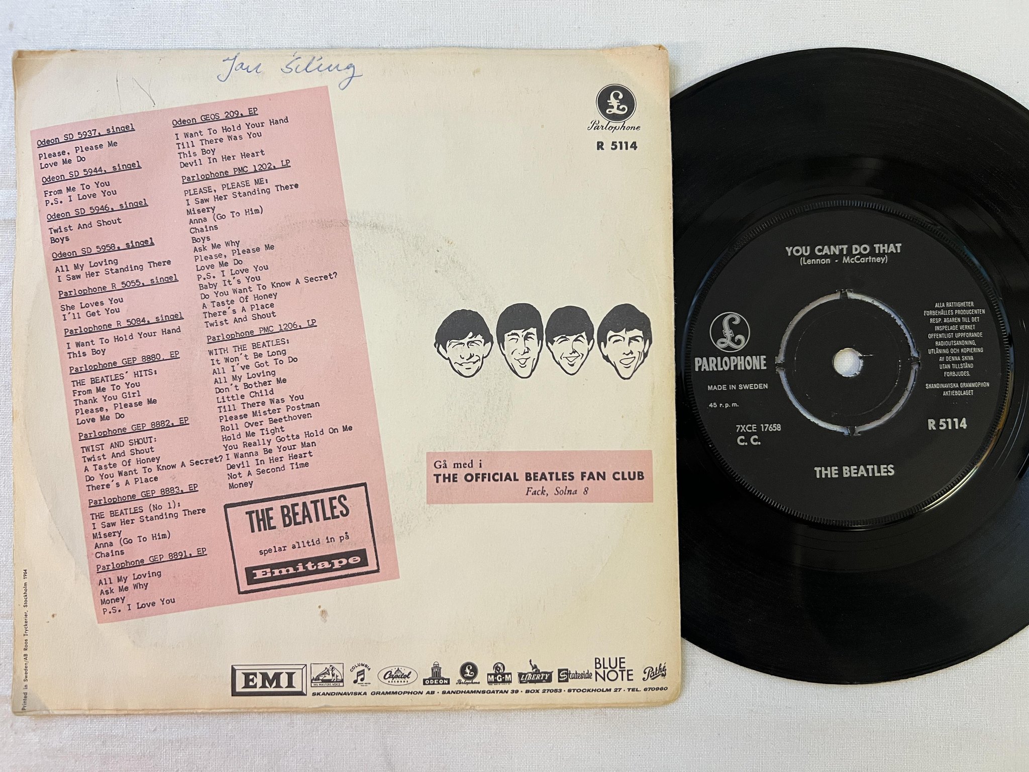 Omslagsbild för skivan THE BEATLES can't buy me love 7" -64 Swe PARLOPHONE R 5114