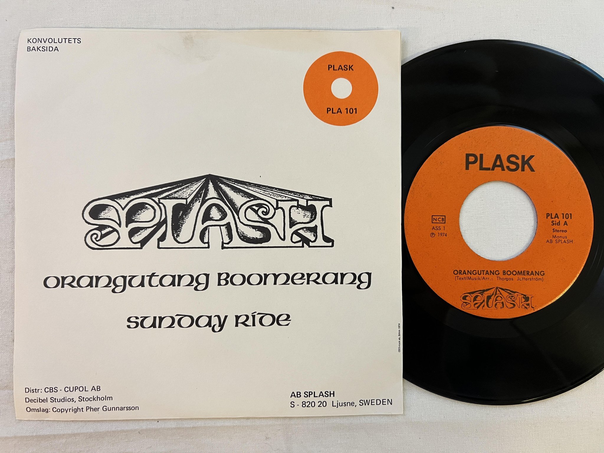 Omslagsbild för skivan SPLASH Orangutang Boomerang 7"single -74 Swe PLASK PLA 101