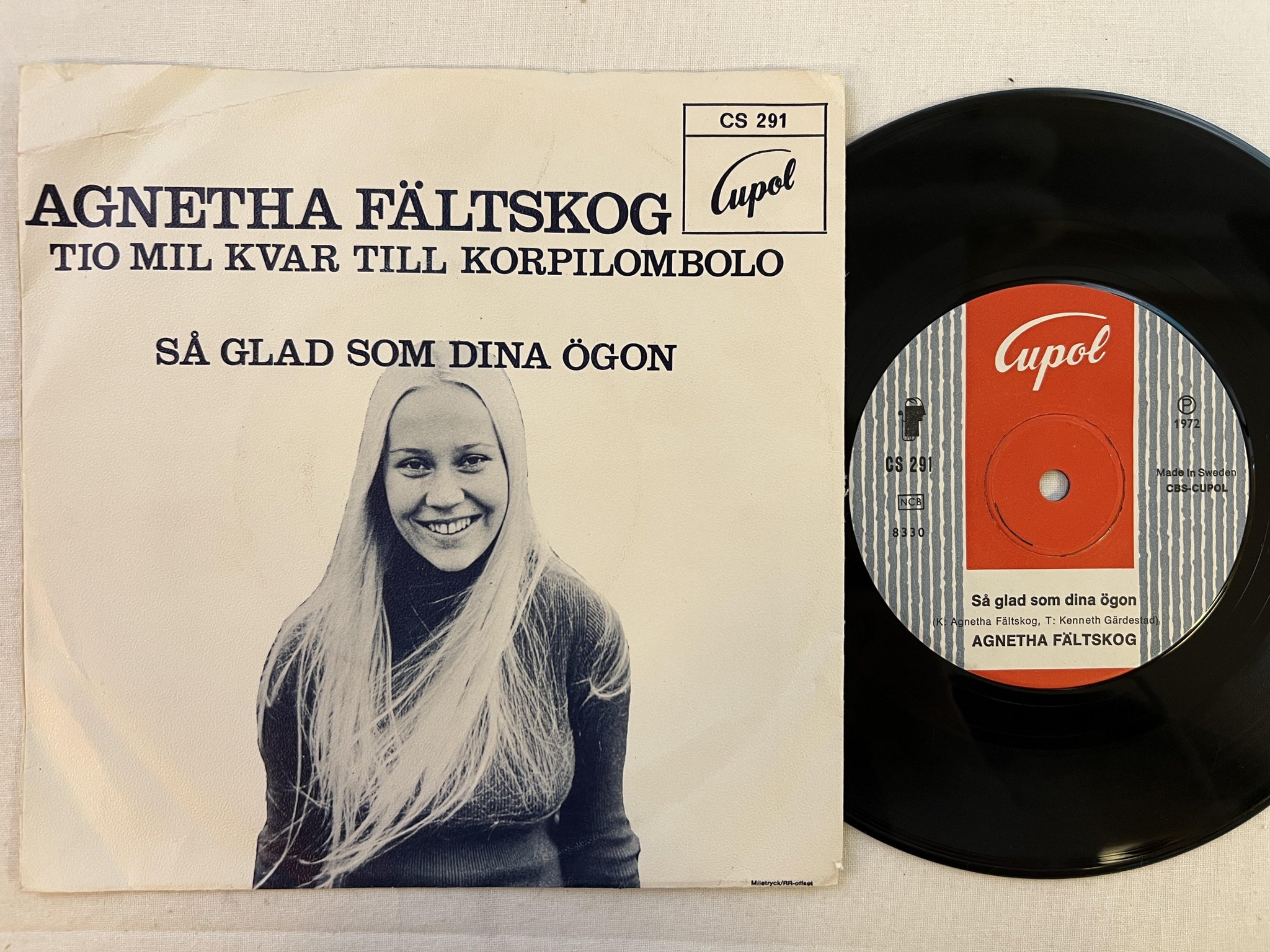 Omslagsbild för skivan AGNETHA FÄLTSKOG tio mil kvar till Korpilombolo 7"single -72 Swe CUPOL CS 291