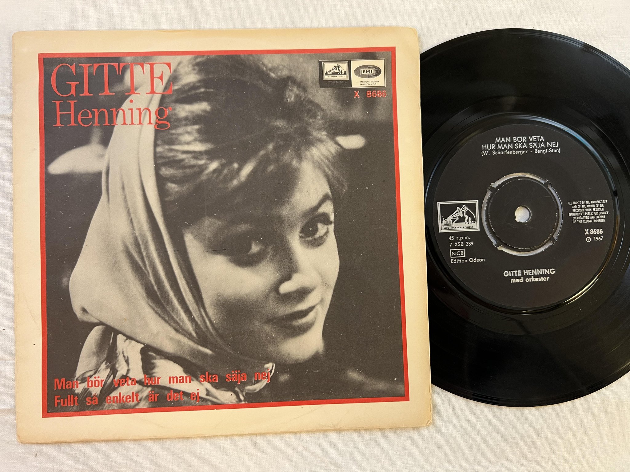 Omslagsbild för skivan GITTE HENNING man bör veta hur man ska säja nej 7"single -67 HMV X 8686