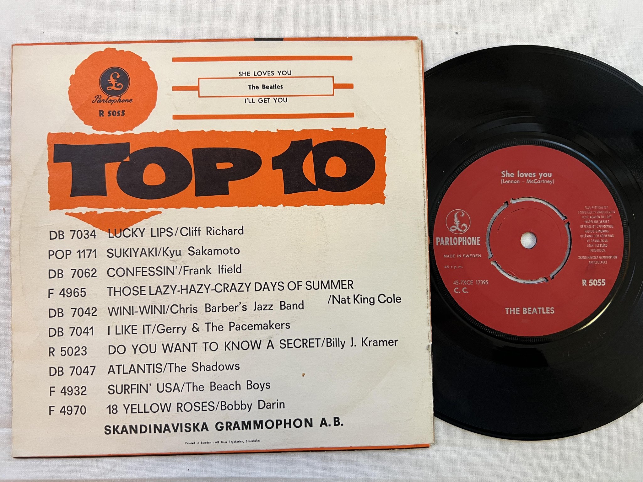 Omslagsbild för skivan THE BEATLES she loves you 7" -63 Swe PARLOPHONE R 5055