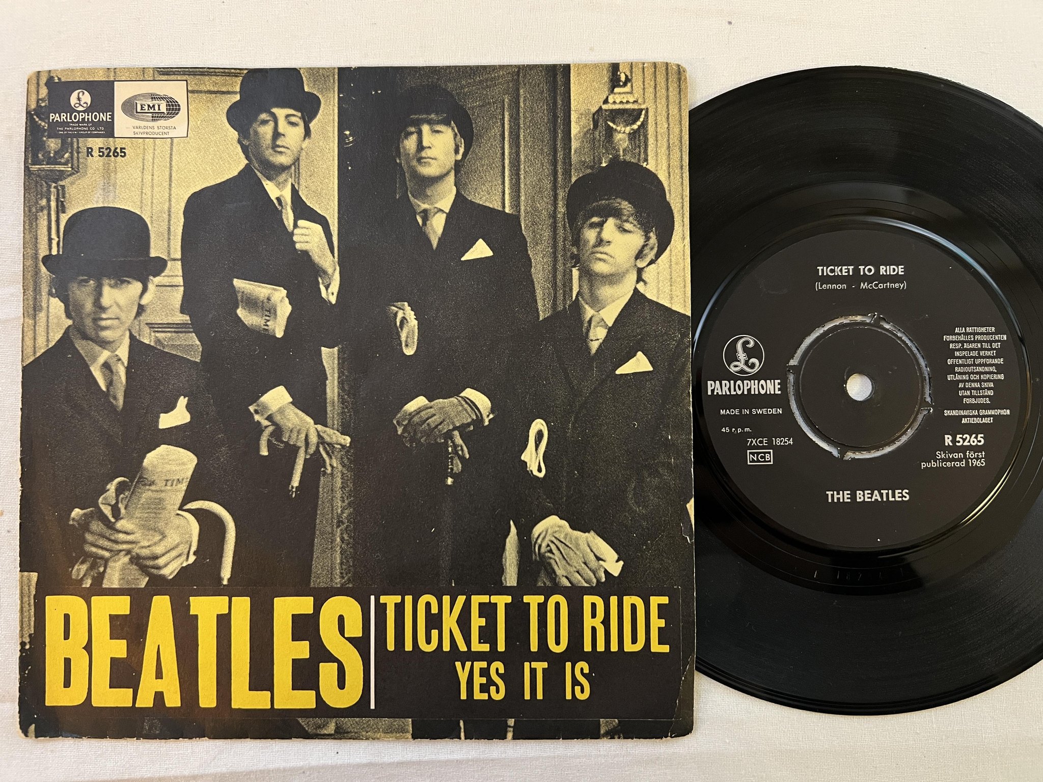 Omslagsbild för skivan THE BEATLES ticket to ride 7" -65 Swe PARLOPHONE R 5265