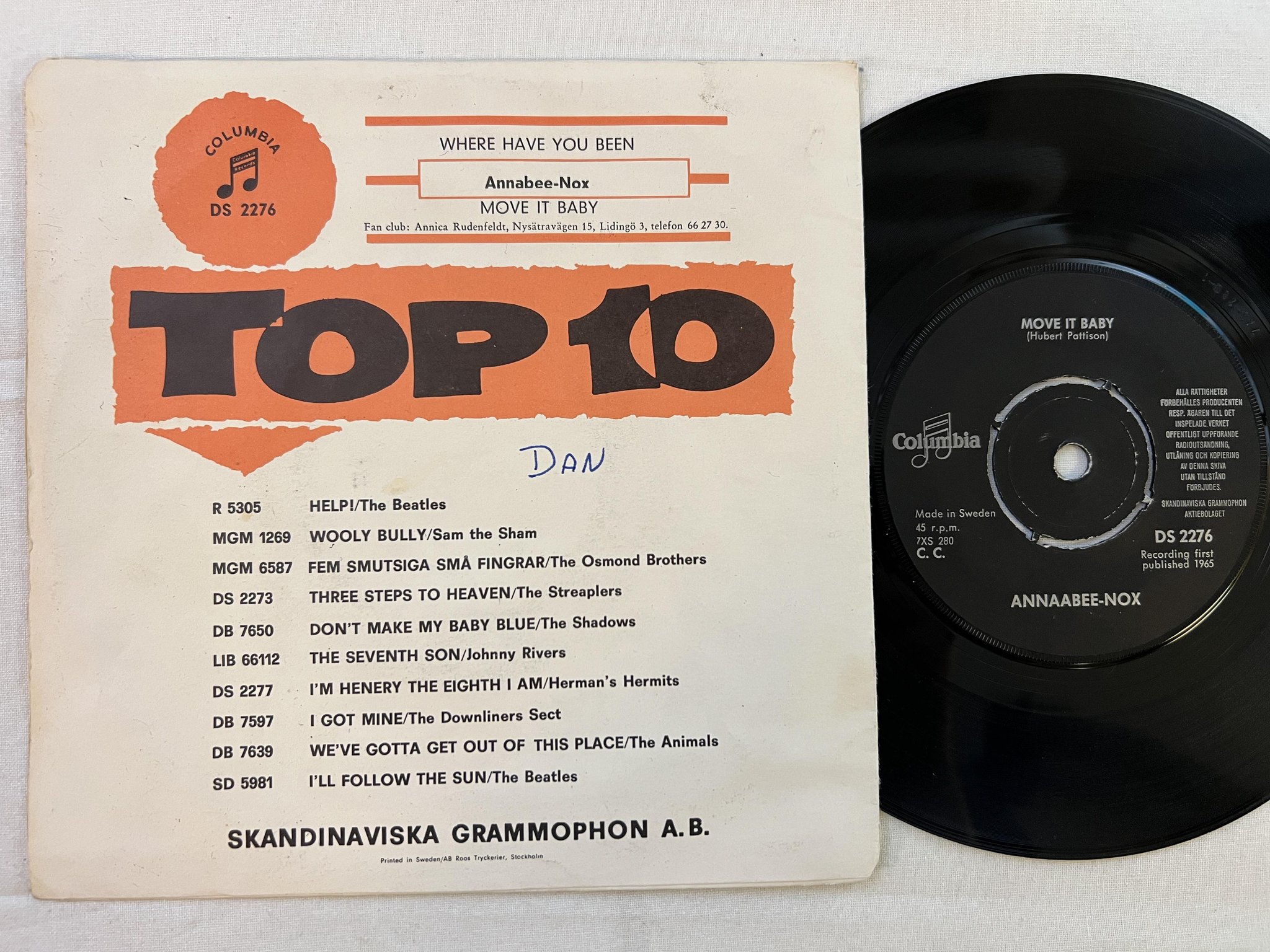 Omslagsbild för skivan ANNAABEE-NOX Where Have You Been 7" -65 Swe COLUMBIA DS 2276