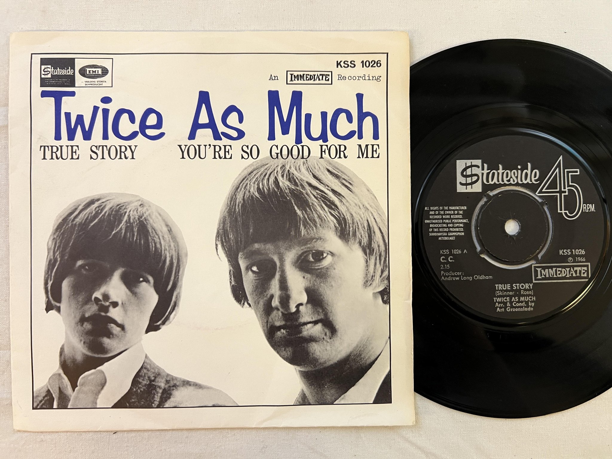 Omslagsbild för skivan TWICE AS MUCH True Story 7" -66 Swe STATESIDE KSS 1026