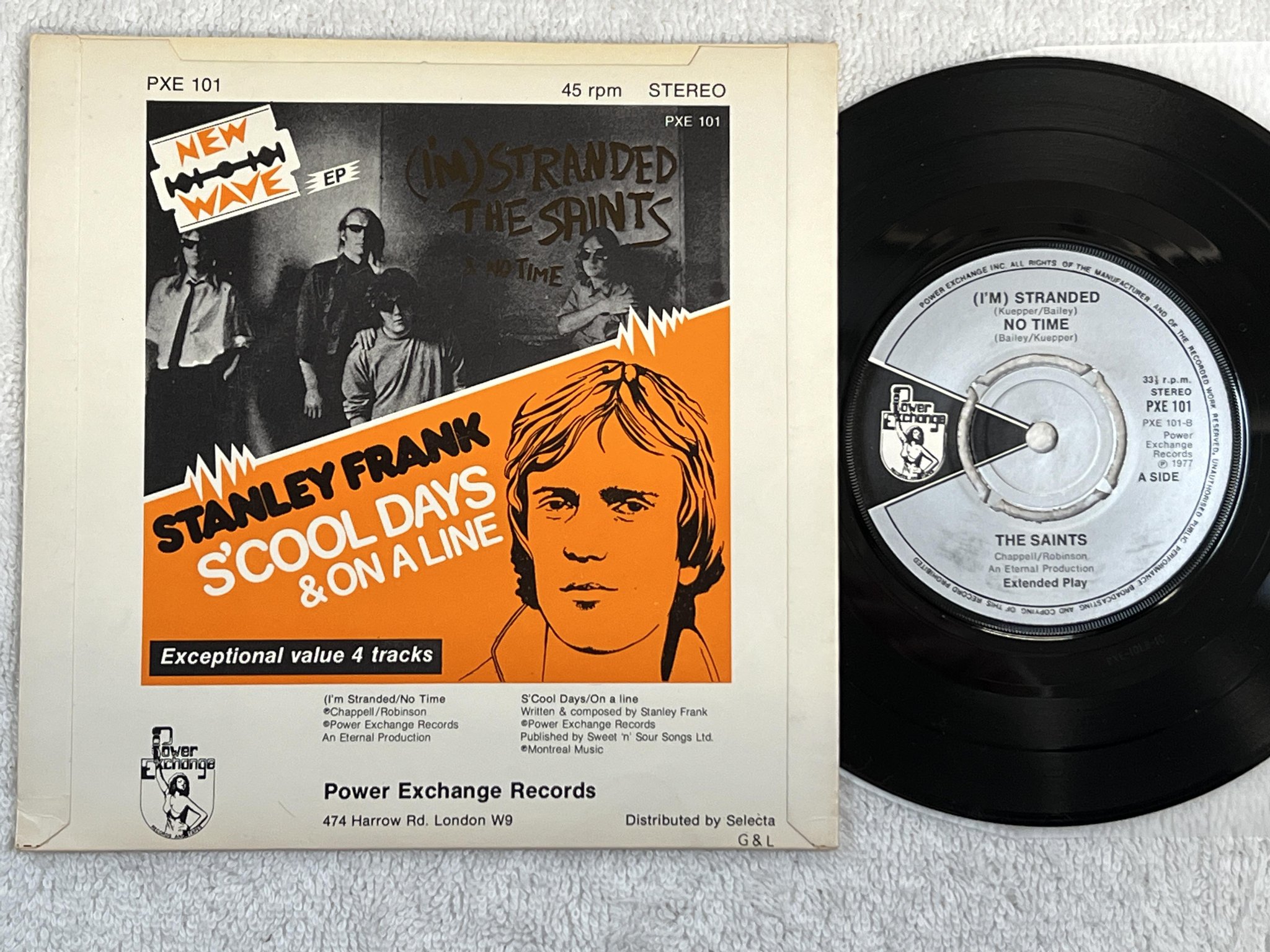 Omslagsbild för skivan THE SAINTS / STANLEY FRANK split-7" -77 UK POWER EXCHANGE PXE 101