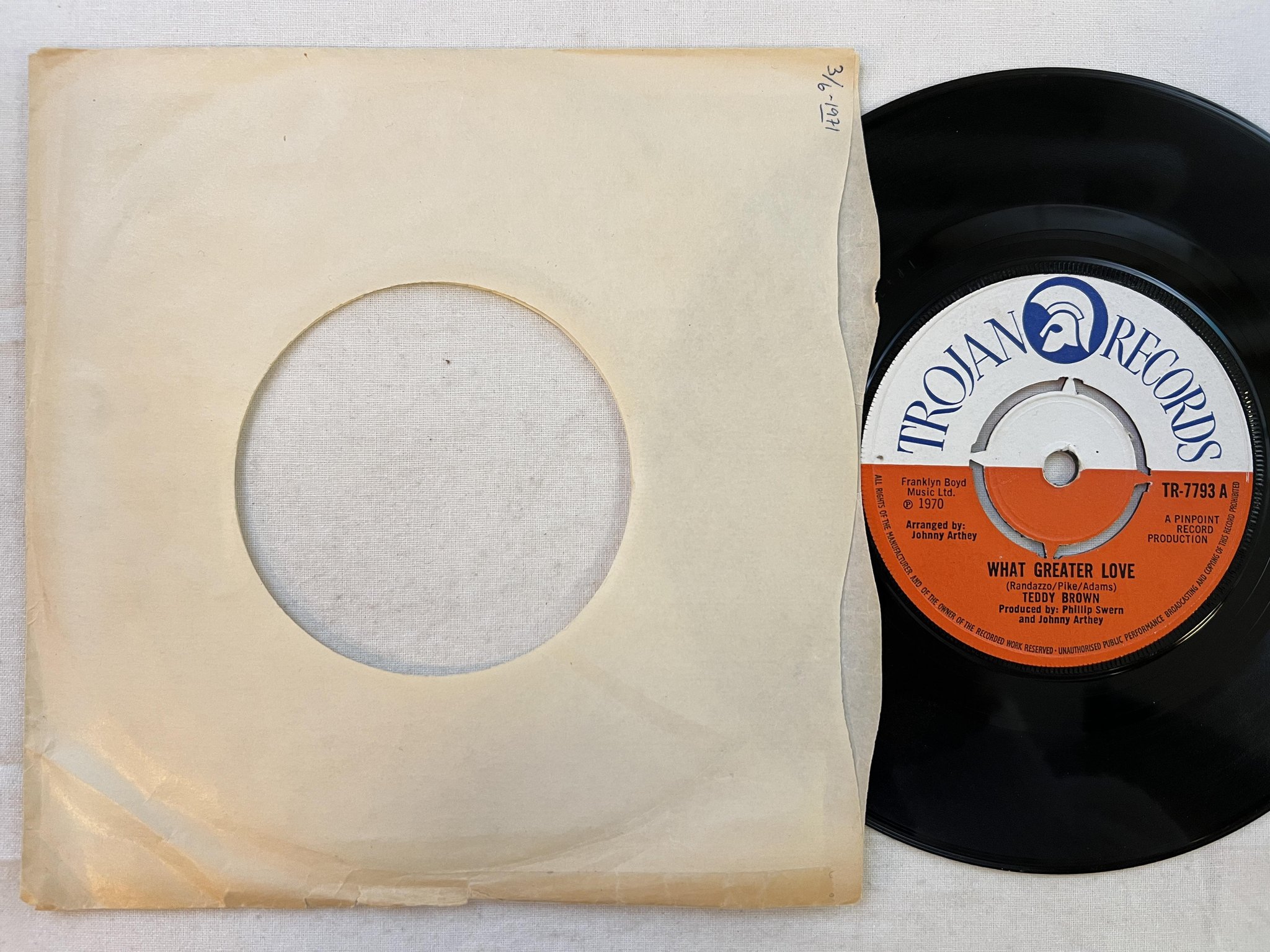 Omslagsbild för skivan TEDDY BROWN what greater love 7" -70 UK TROJAN TR 7793