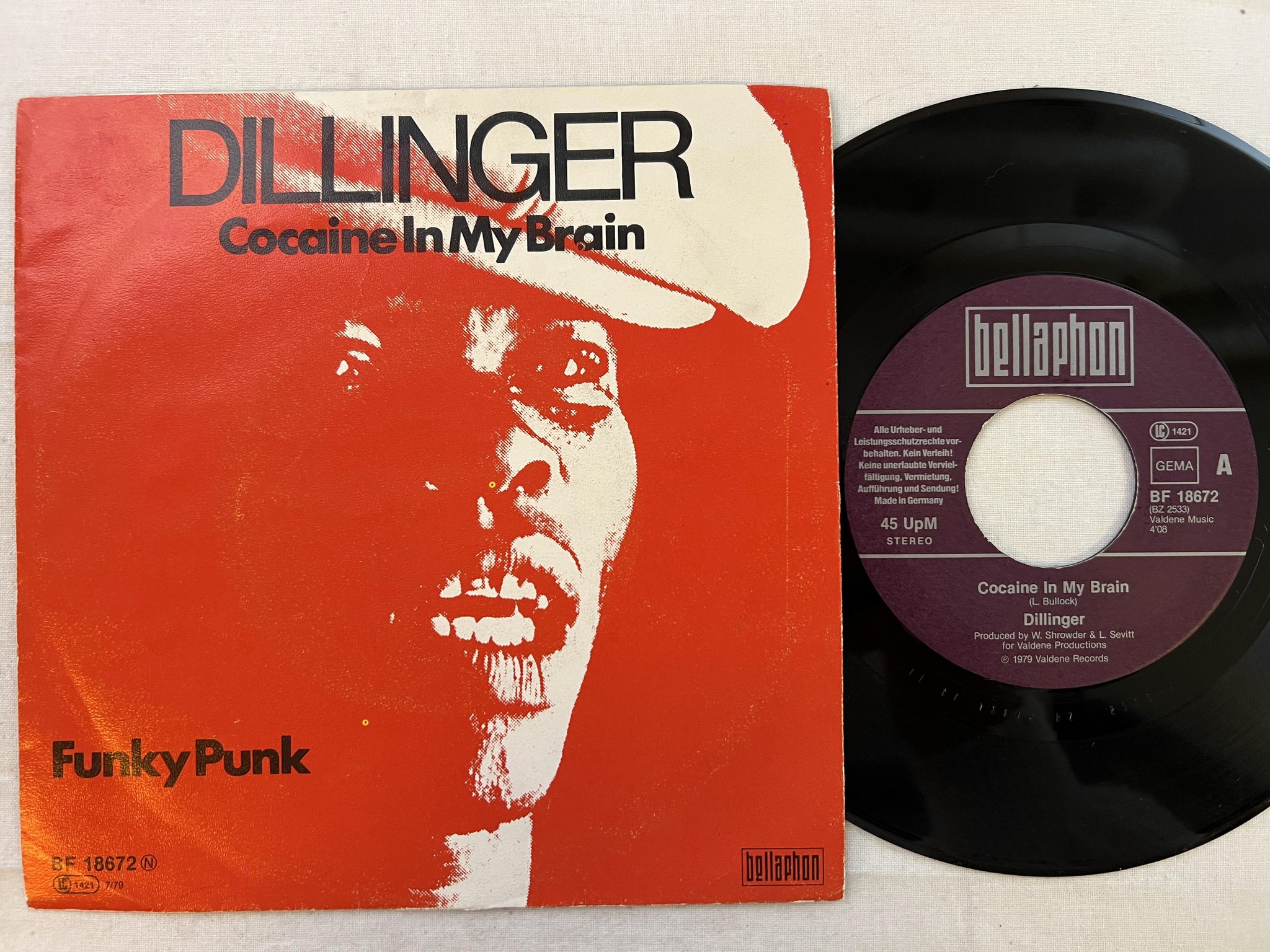 Omslagsbild för skivan DILLINGER cocain in my brain 7" -79 Ger BELLAPHON BF 18672
