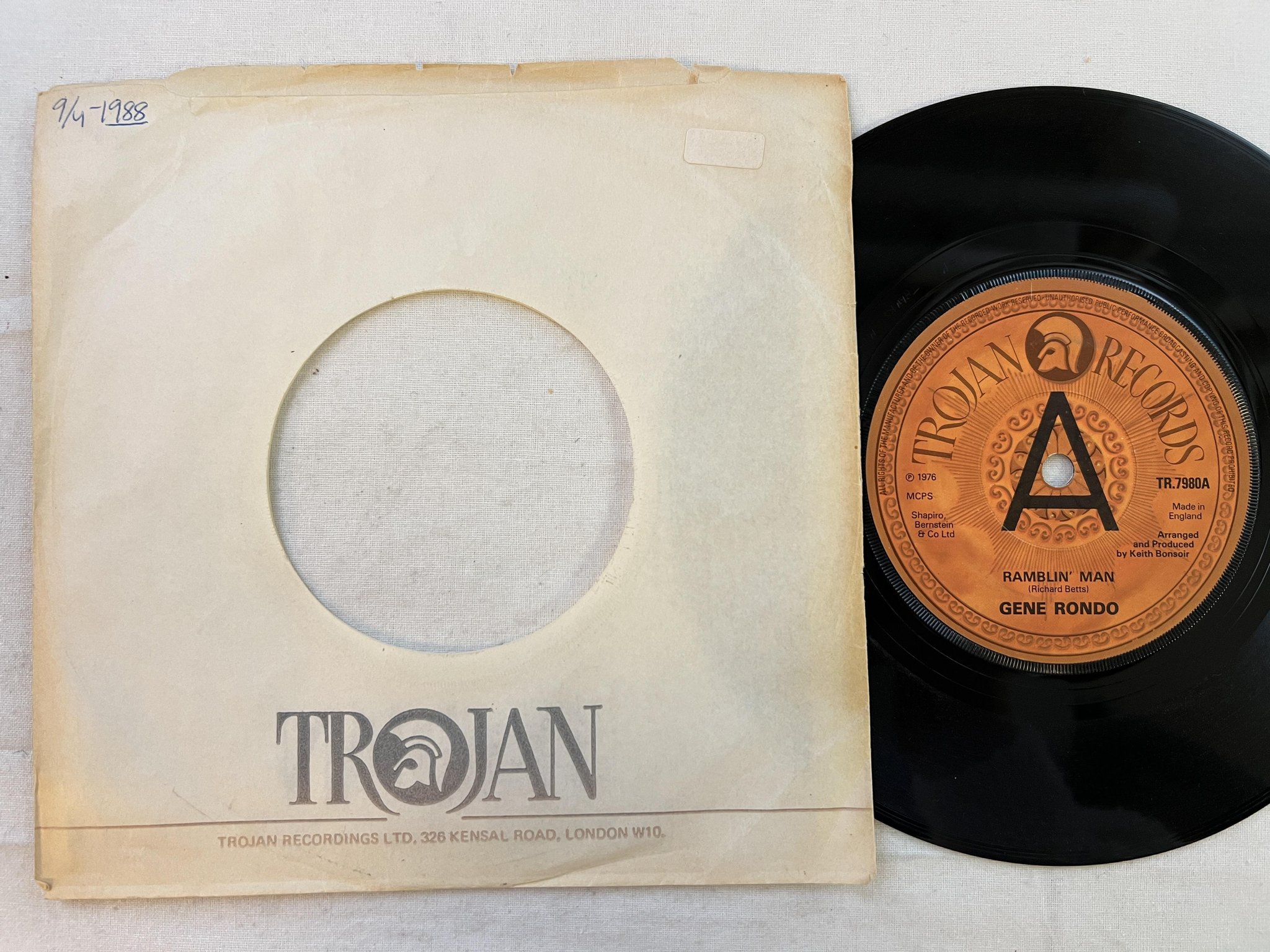 Omslagsbild för skivan GENE RONDO Ramblin' Man 7" -76 UK TROJAN TR 7980