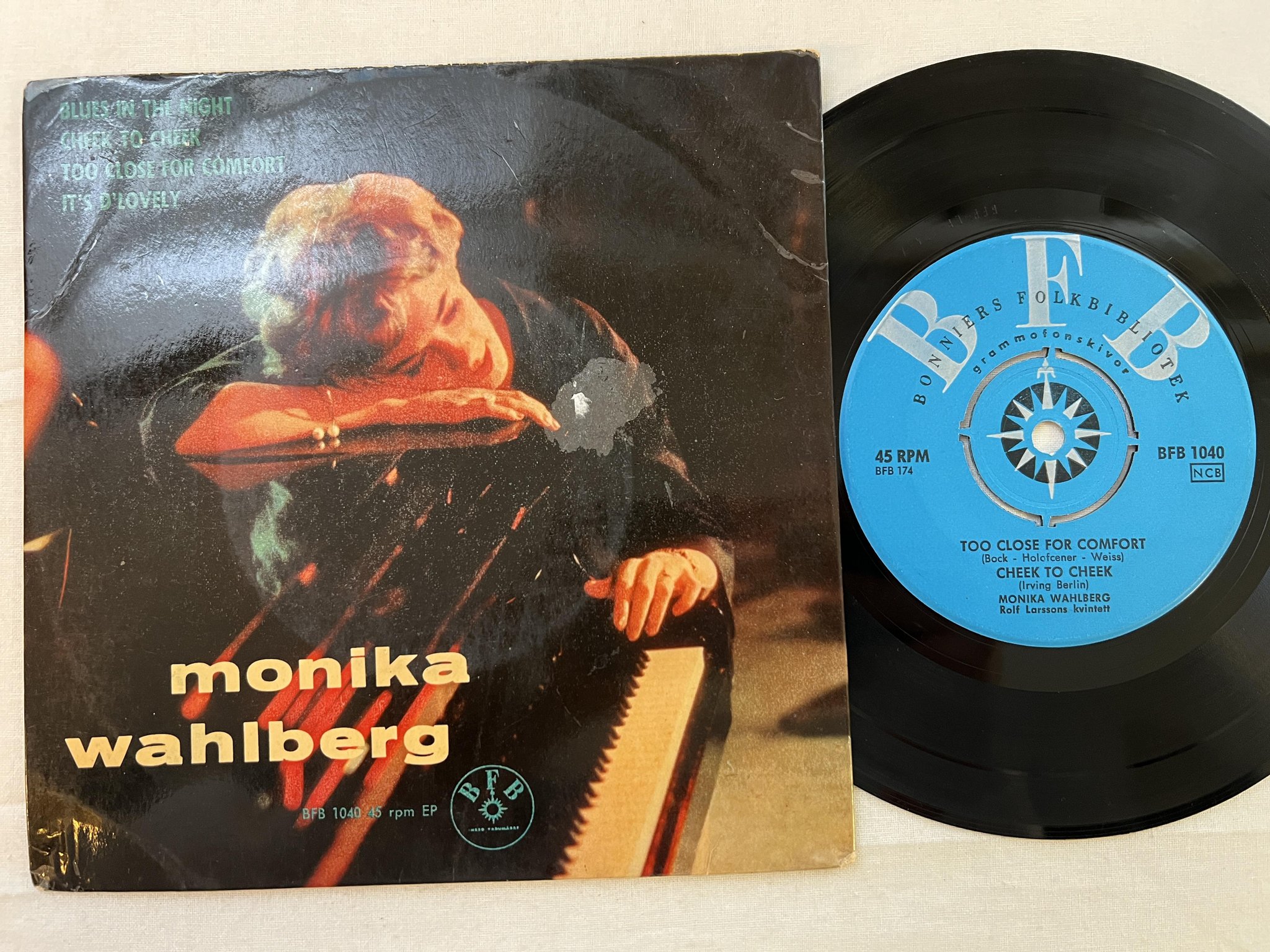 Omslagsbild för skivan MONIKA WAHLBERG blues in the night 7"ep -60 Swe BONNIER FOLKBIBLIOTEK BFB 1040