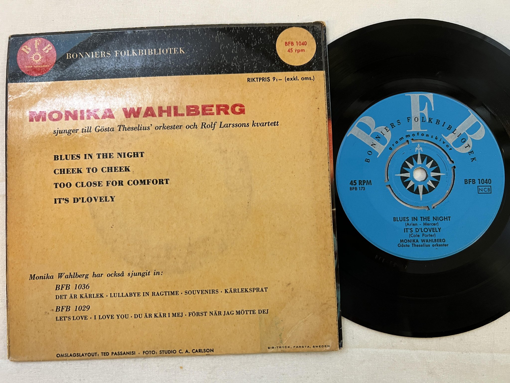 Omslagsbild för skivan MONIKA WAHLBERG blues in the night 7"ep -60 Swe BONNIER FOLKBIBLIOTEK BFB 1040