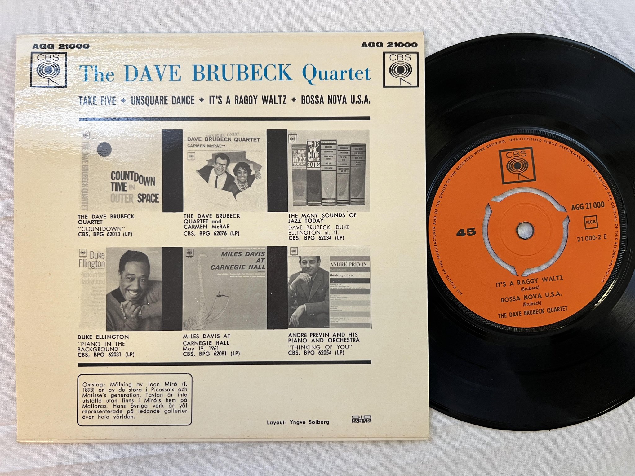 Omslagsbild för skivan DAVE BRUBECK QUARTET take five 7"ep -64 ncb CBS AGG 21000 *** CLASSIC ***