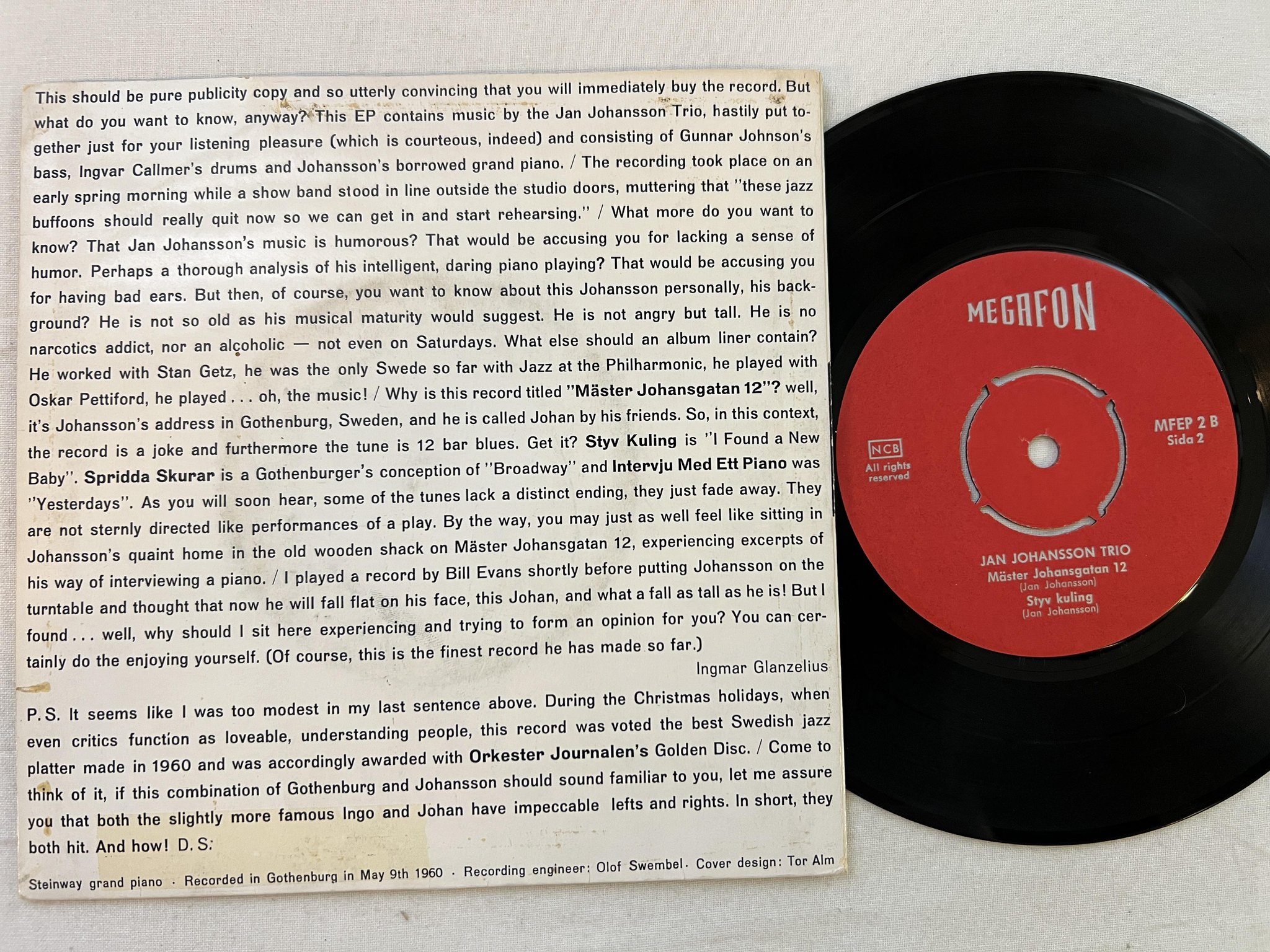 Omslagsbild för skivan JAN JOHANSSON TRIO Mäster Johansgatan 12 7"ep -60 MEGAFON MFEP 2