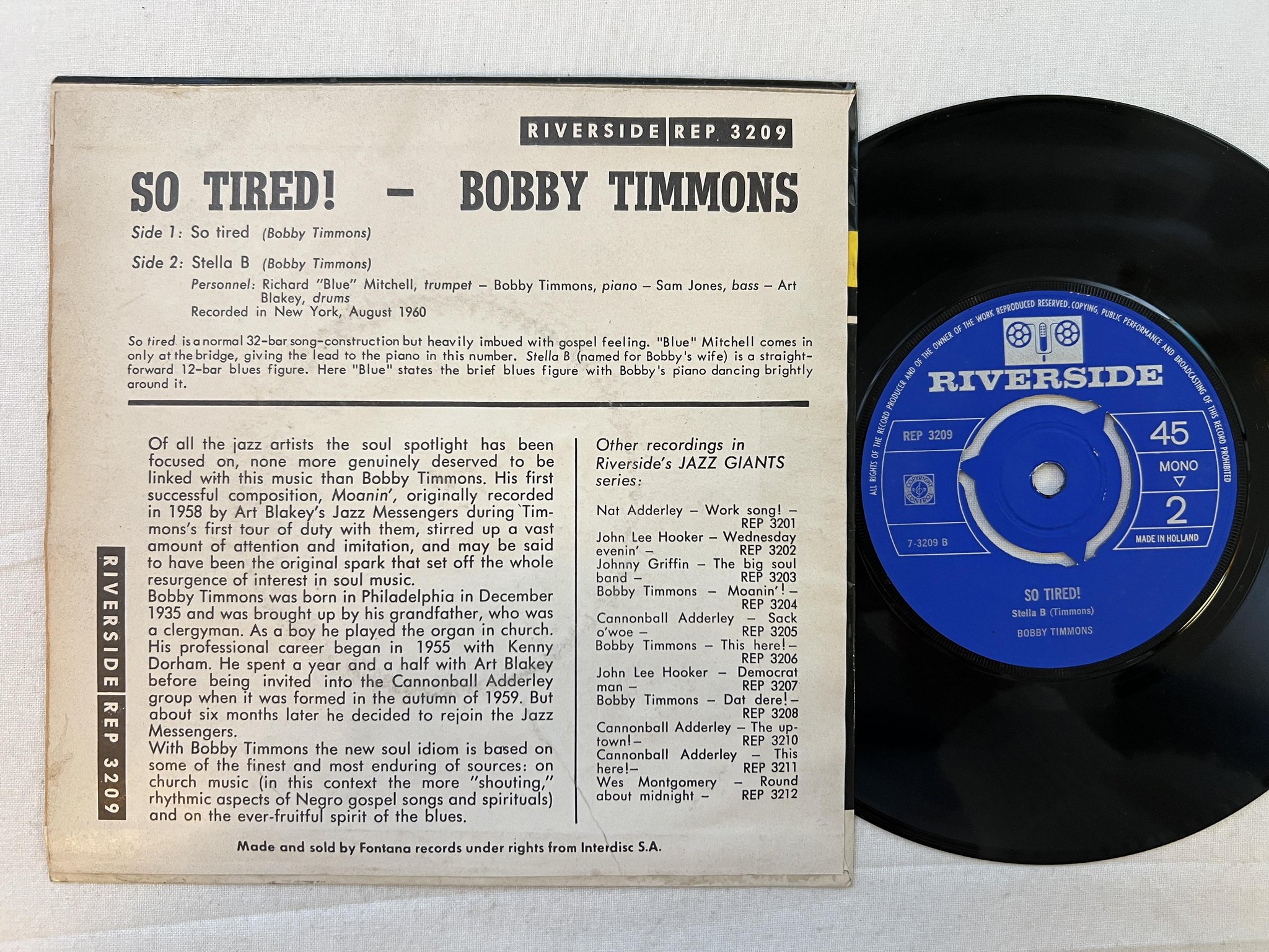 Omslagsbild för skivan BOBBY TIMMONS so tired 7"ep Hol RIVERSIDE REP 3209