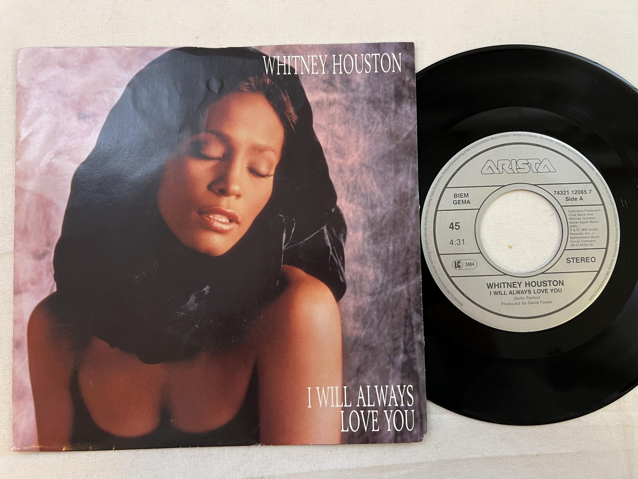 Omslagsbild för skivan WHITNEY HOUSTON I will always love you 7" -92 Hol ARISTA 74321 12065 7