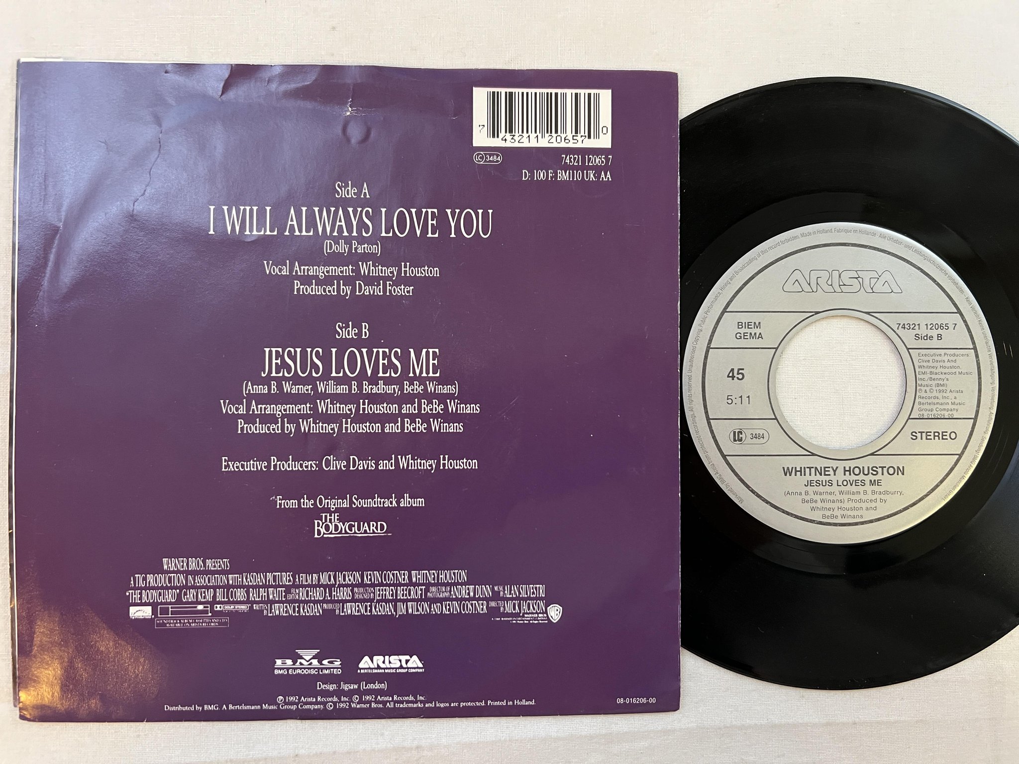 Omslagsbild för skivan WHITNEY HOUSTON I will always love you 7" -92 Hol ARISTA 74321 12065 7