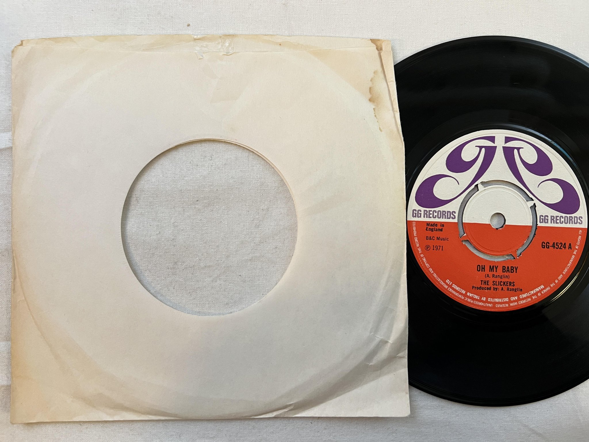 Omslagsbild för skivan THE SLICKERS oh my baby 7" -71 UK GG RECORDS GG-4524