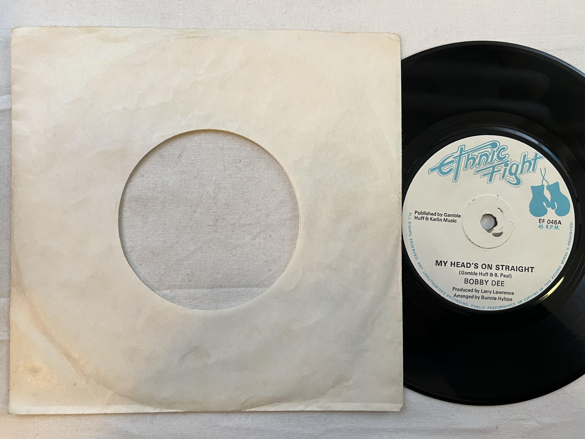 Omslagsbild för skivan BOBBY DEE my head's on straight 7" UK ETHNIC FIGHT EF 046
