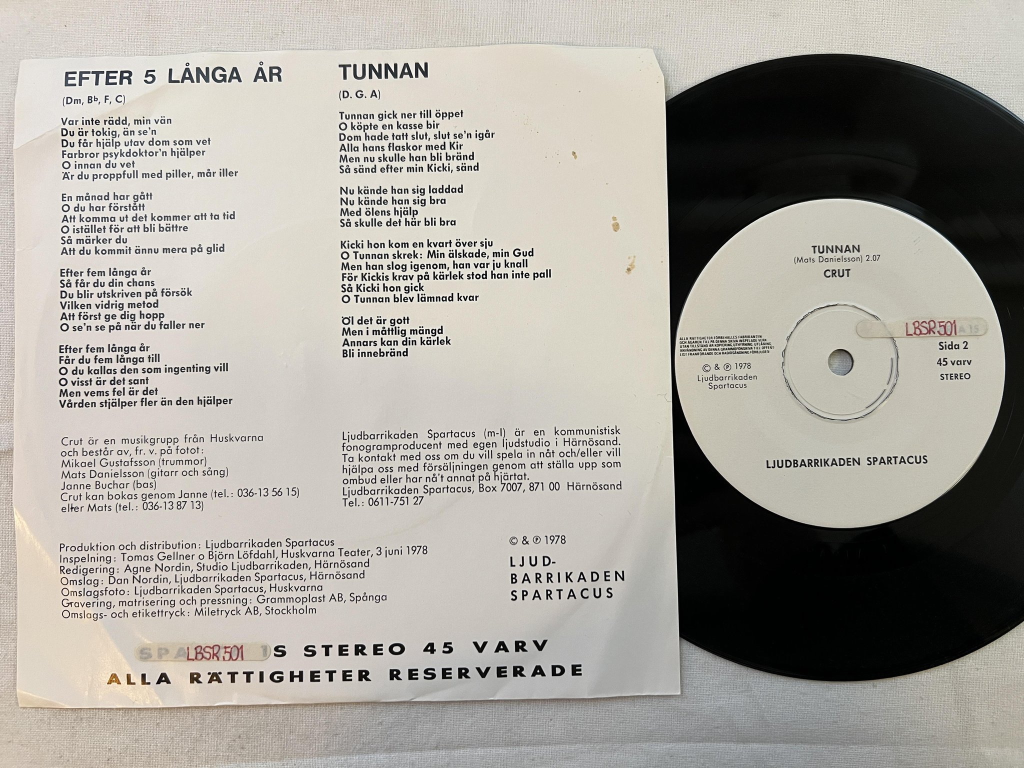 Omslagsbild för skivan CRUT efter fem långa år 7" -78 Swe LJUDBARRIKADEN SPARTACUS