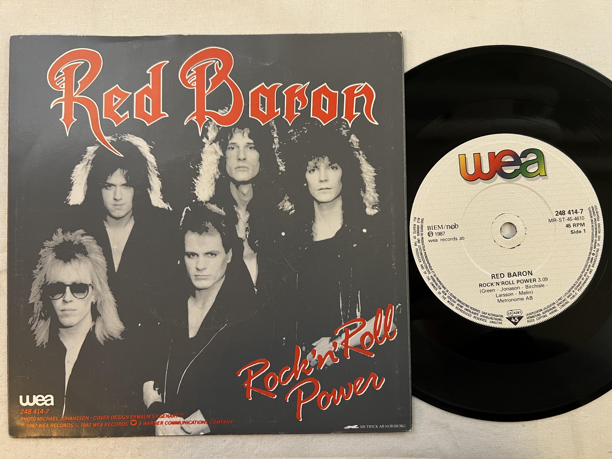 Omslagsbild för skivan RED BARON Rock 'n' Roll Power 7" -87 Swe WEA 248 414-7