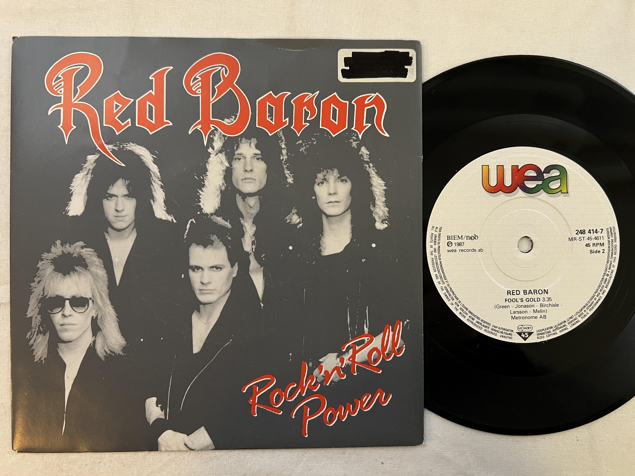 Omslagsbild för skivan RED BARON Rock 'n' Roll Power 7" -87 Swe WEA 248 414-7