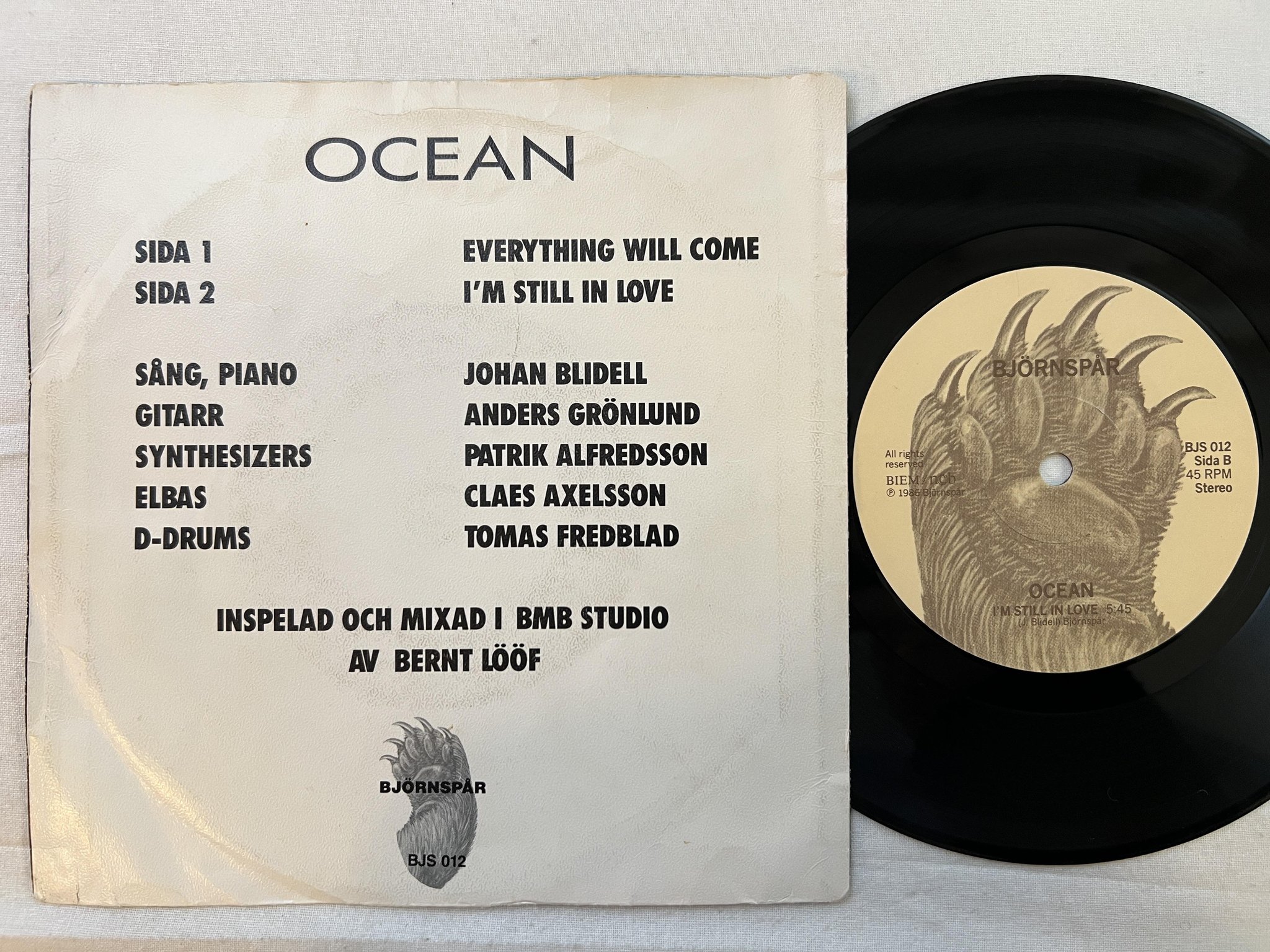 Omslagsbild för skivan OCEAN Everything Will Come 7" -86 Swe BJÖRNSPÅR BJS 012 ** AOR **