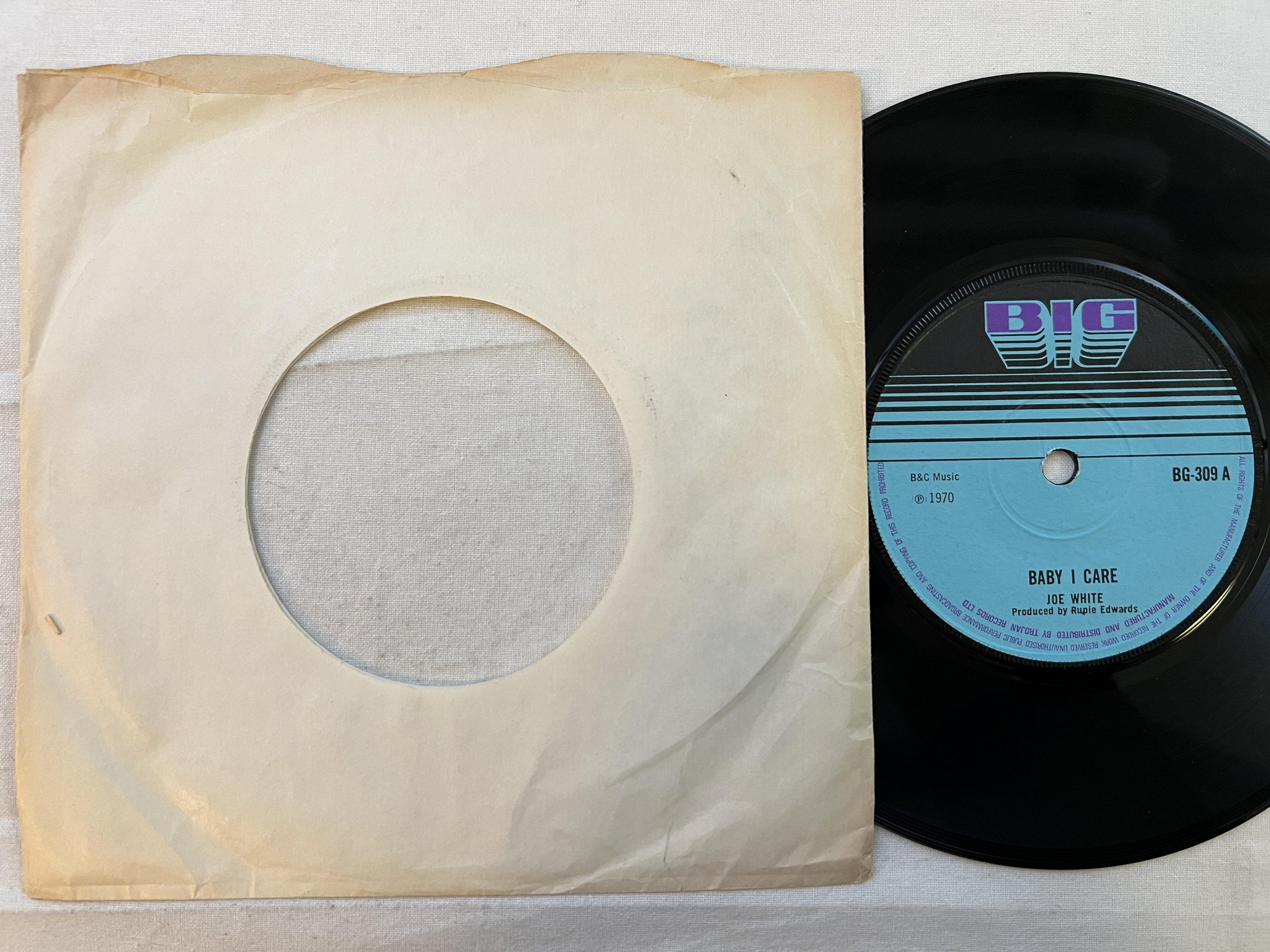 Omslagsbild för skivan JOE WHITE baby I care 7" -70 UK BIG BG-309