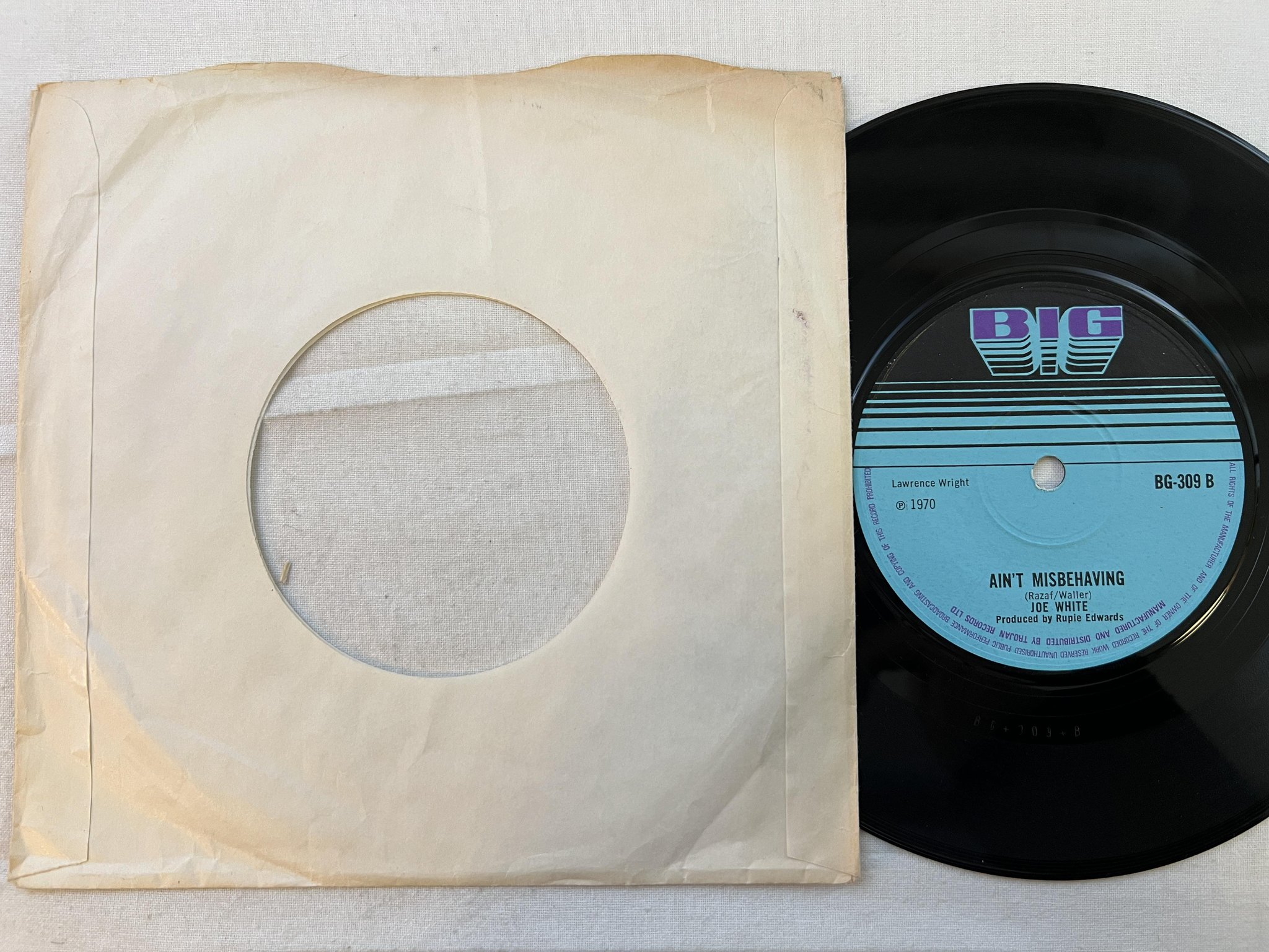 Omslagsbild för skivan JOE WHITE baby I care 7" -70 UK BIG BG-309