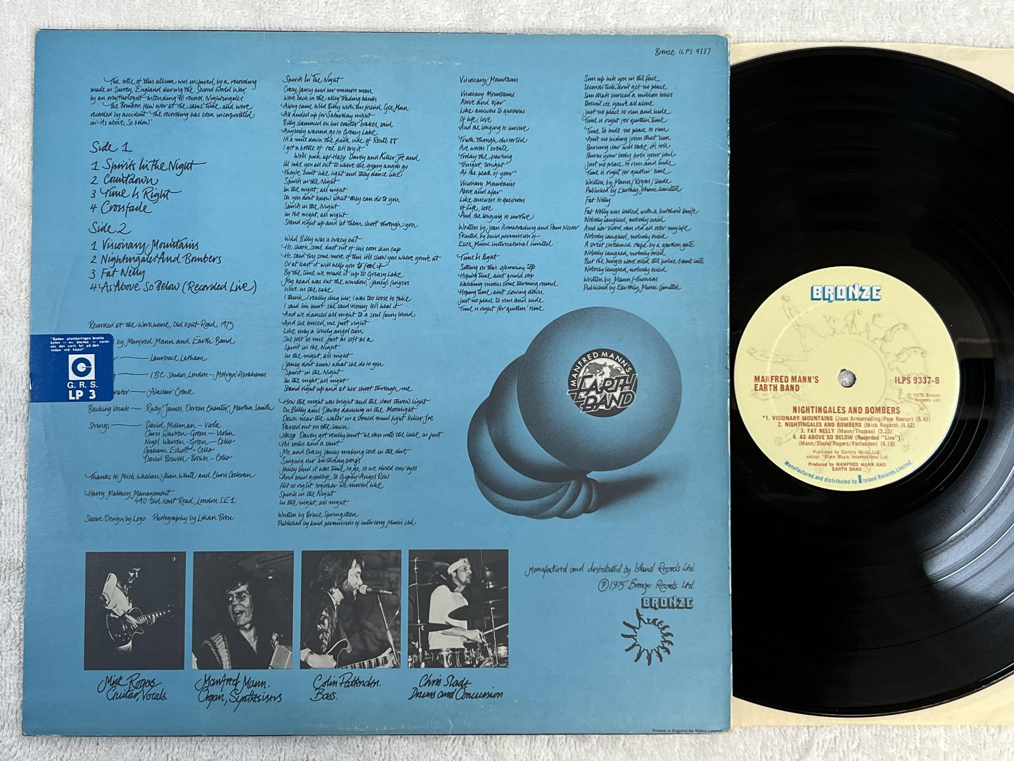 Omslagsbild för skivan MANFRED MAN'S EARTH BAND nightingales and bombers LP -75 UK BRONZE ILPS 9337
