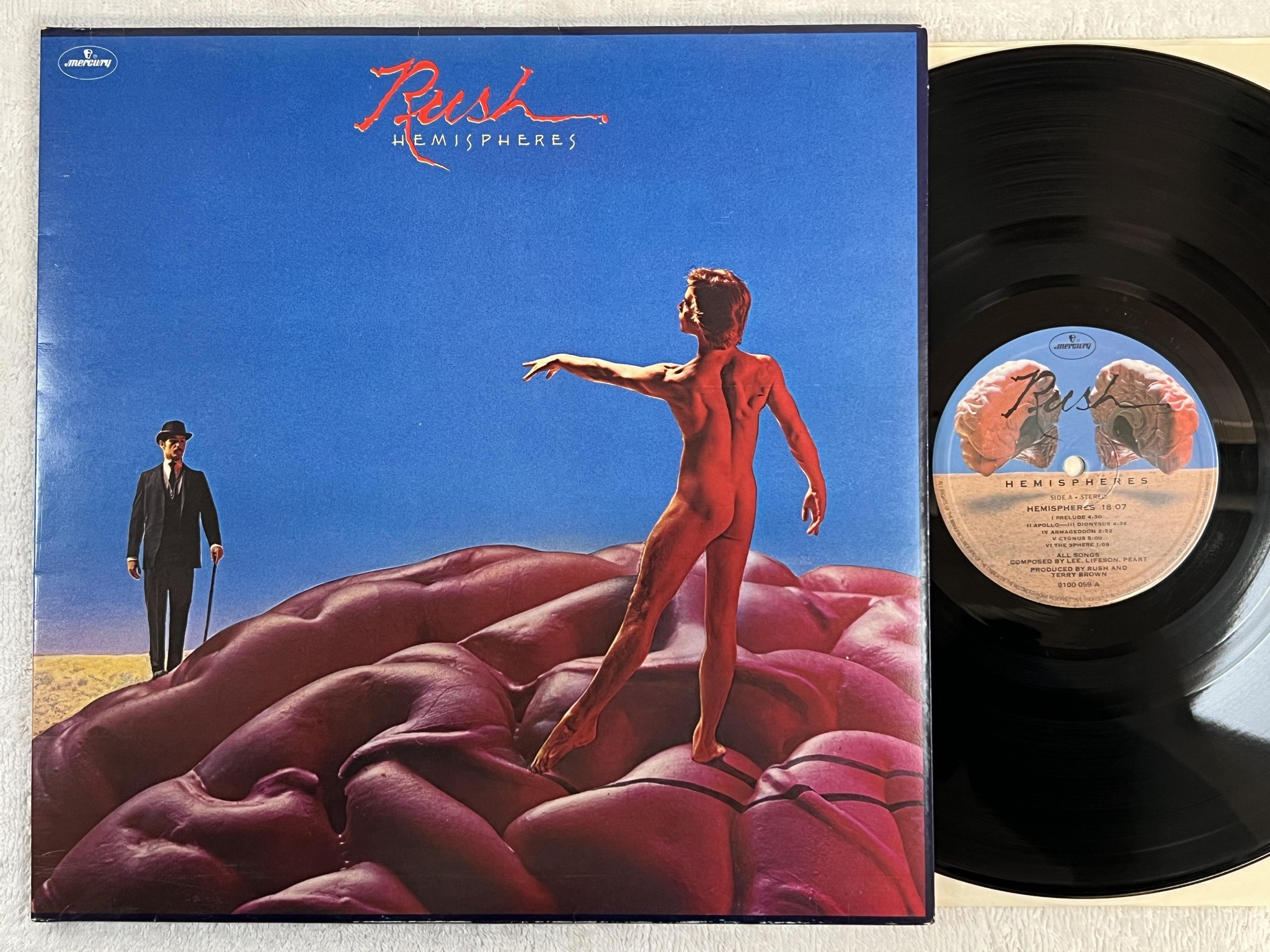 Omslagsbild för skivan RUSH hemispheres LP -78 UK MERCURY 9100059
