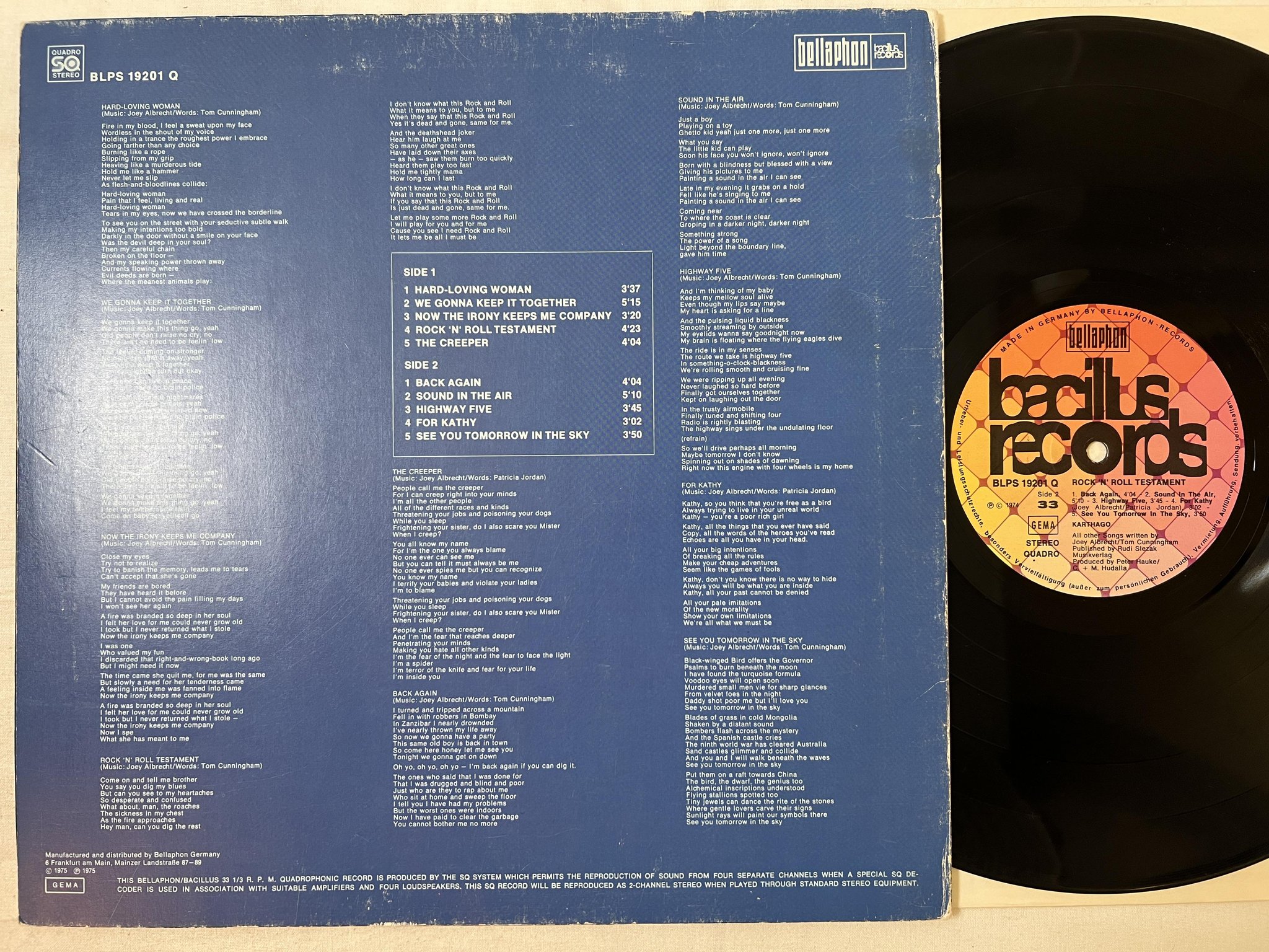 Omslagsbild för skivan KARTHAGO rock n roll testament LP -74 Ger BACILLUS BLPS 19201 Q