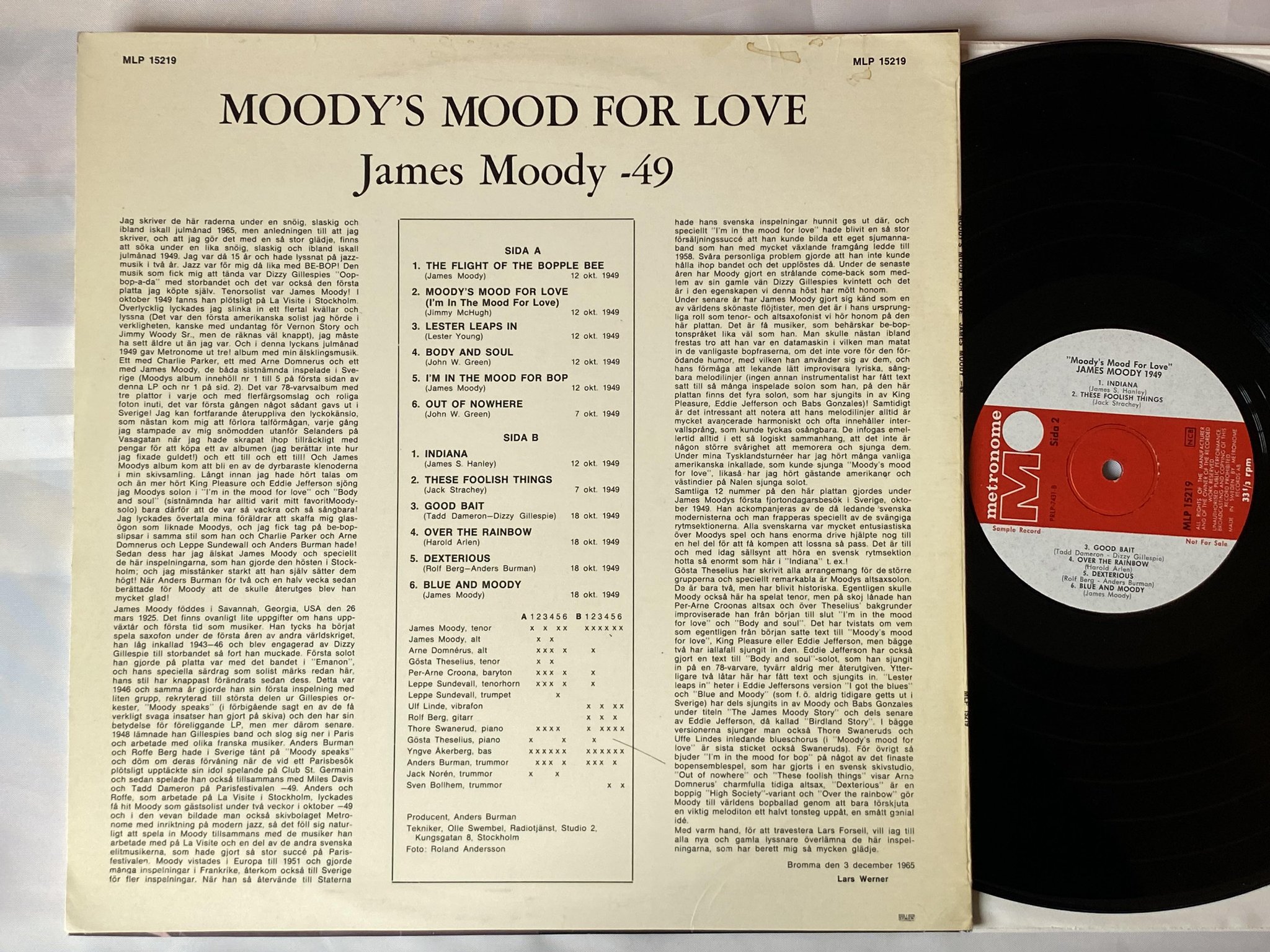 Omslagsbild för skivan JAMES MOODY Moody's mood for love LP Swe METRONOME promo ***' RARE ****