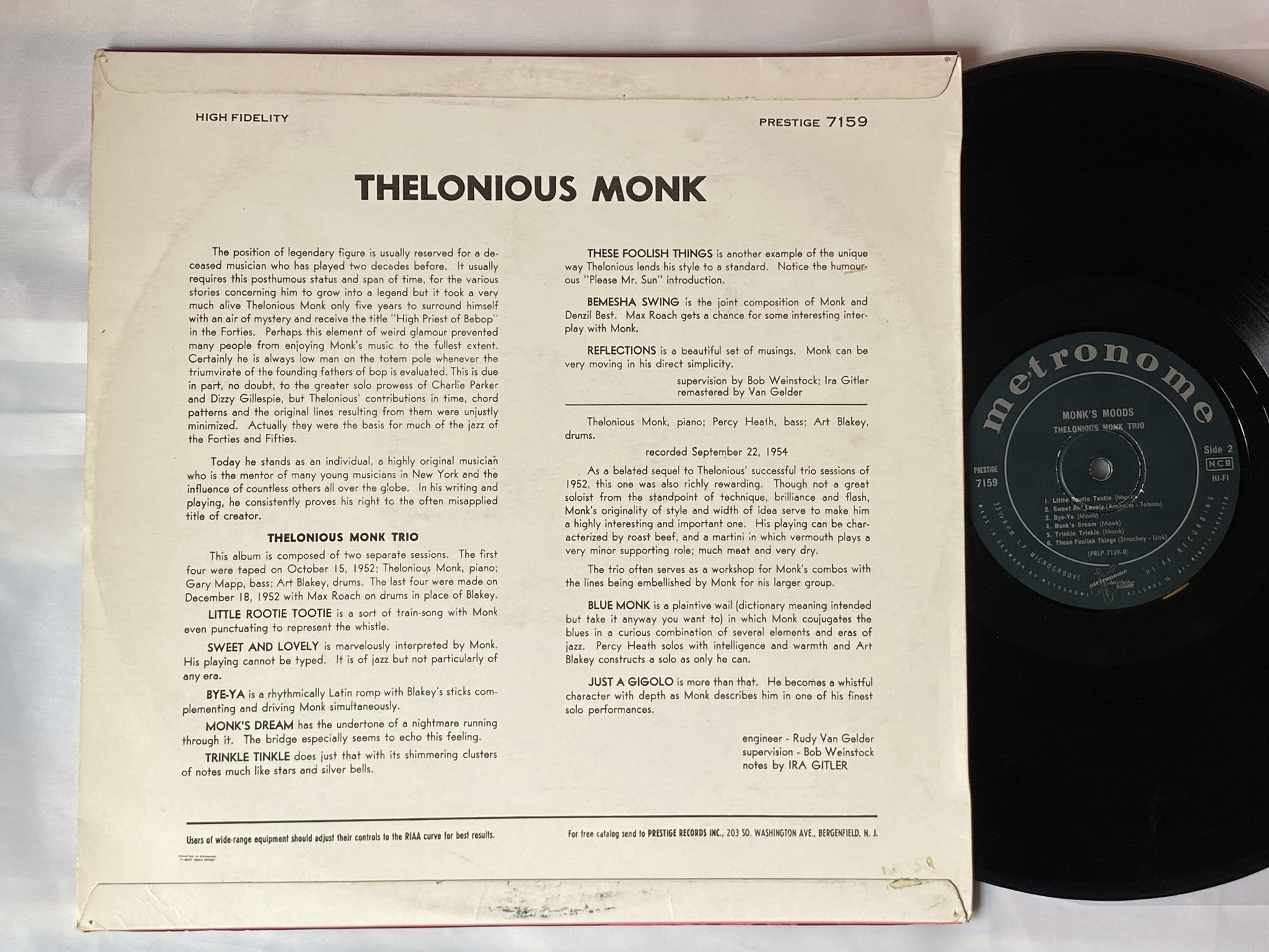Omslagsbild för skivan THELONIOUS MONK TRIO Monk's moods LP -59 Den METRONOME 7159
