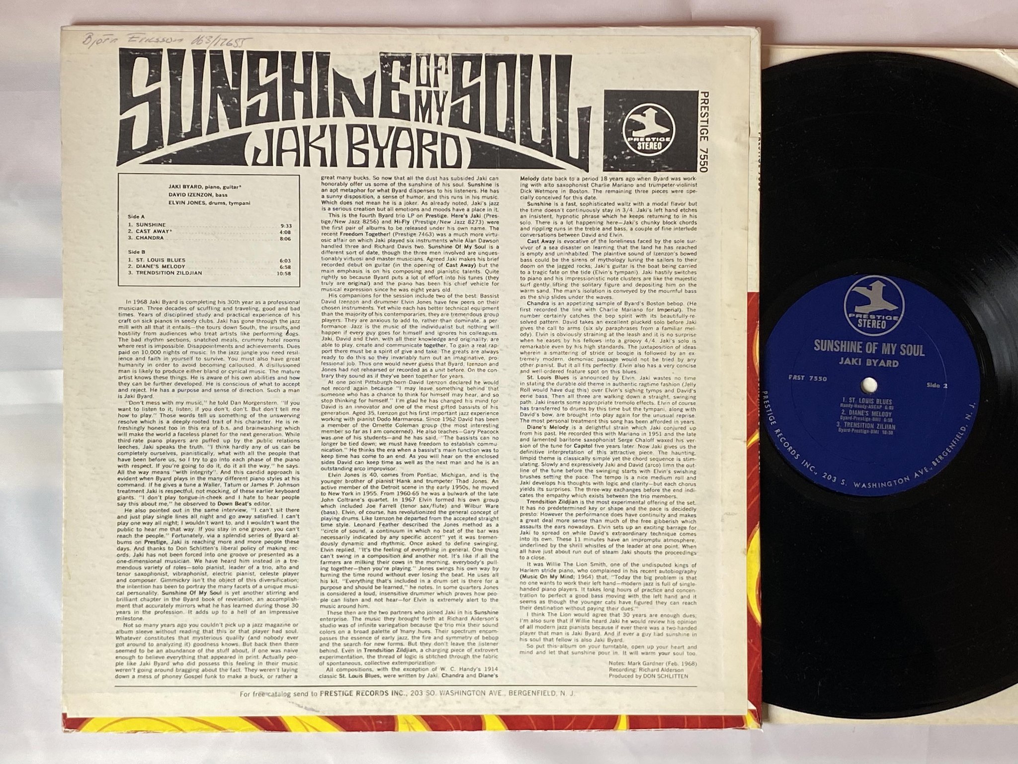 Omslagsbild för skivan JAKI BYARD TRIO Sunshine Of My Soul LP -68 US PRESTIGE PRST 7550