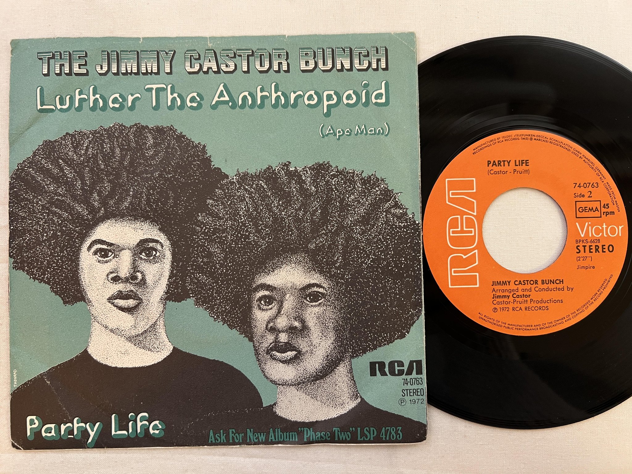 Omslagsbild för skivan JIMMY CASTOR BUNCH Luther the anthropoid 7" -72 Ger RCA 74-0763