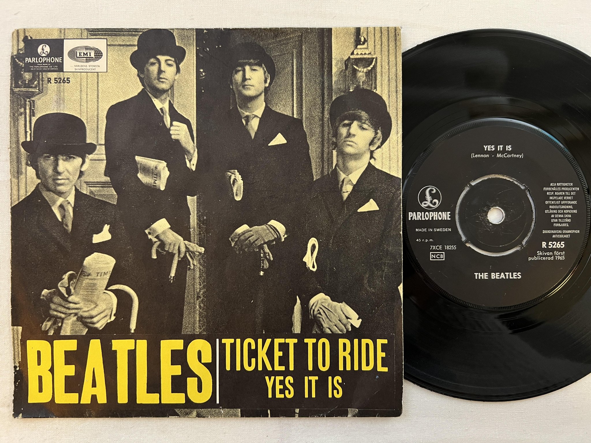 Omslagsbild för skivan THE BEATLES ticket to ride 7" -65 Swe PARLOPHONE R 5265