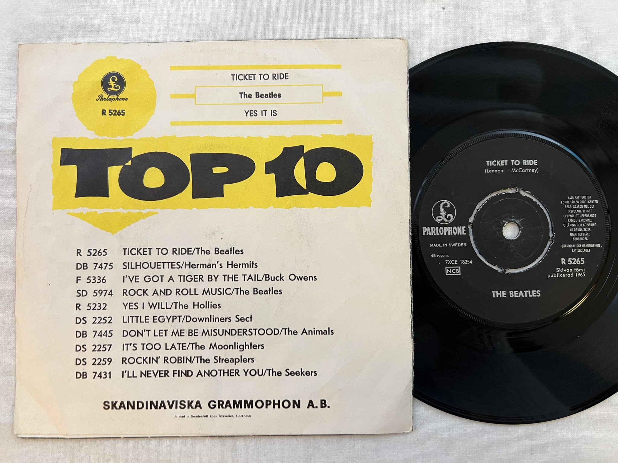 Omslagsbild för skivan THE BEATLES ticket to ride 7" -65 Swe PARLOPHONE R 5265